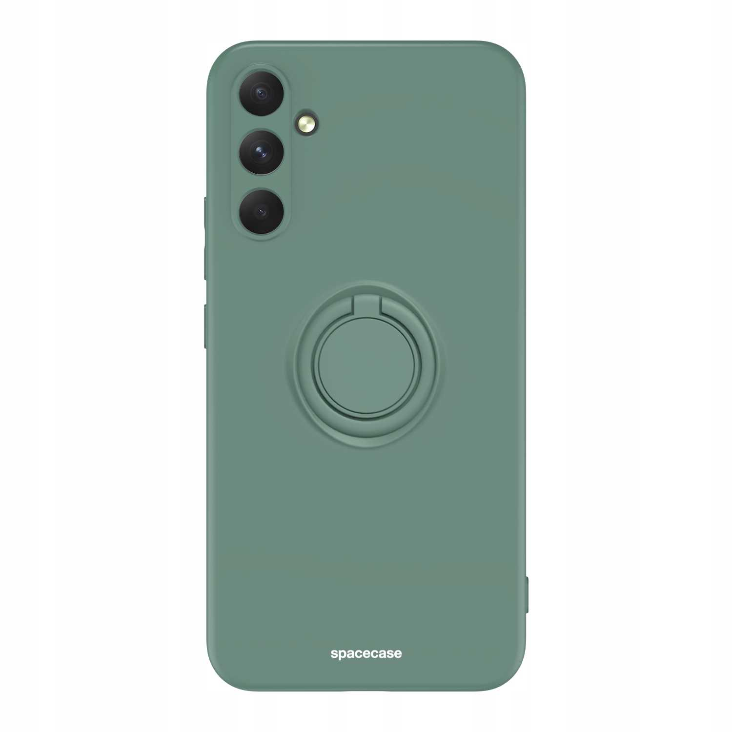 Zielone etui z uchwytem na pierścień. Widoczne logo Spacecase. Etui na białej powierzchni.