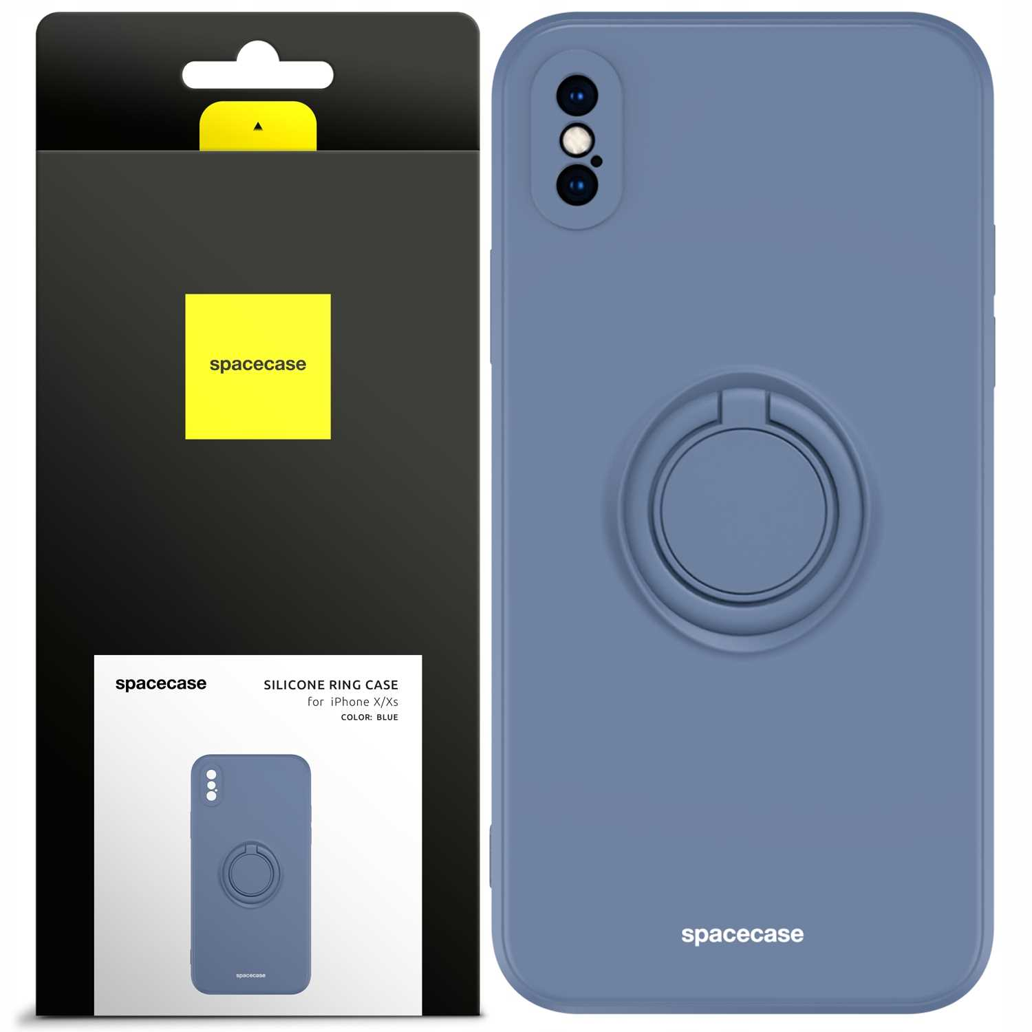 Niebieskie etui z uchwytem na pierścień obok iPhone'a. Opakowanie z czarno-żółtym wzorem.