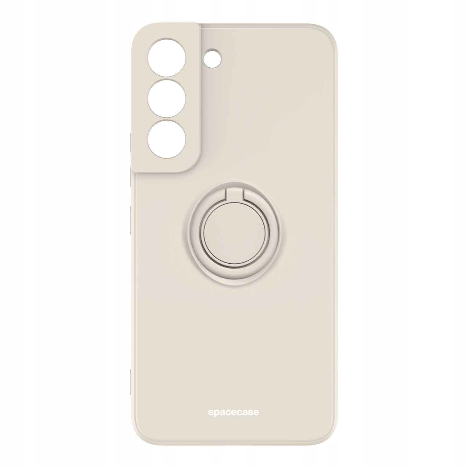 Kremowe etui na telefon z uchwytem na pierścień. Wycięcia na aparat. 'spacecase' wydrukowane. Etui jest pochylone.