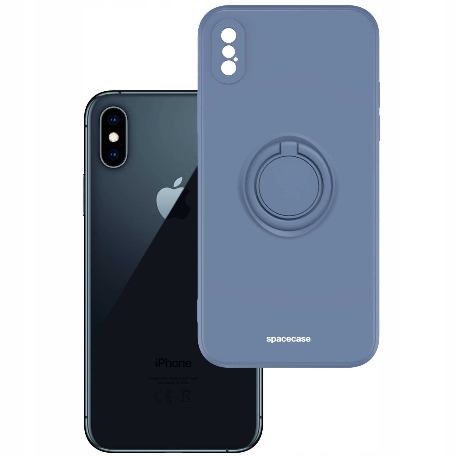 Niebieskie etui i iPhone. iPhone jest ciemnoszary. Etui ma uchwyt na pierścień.