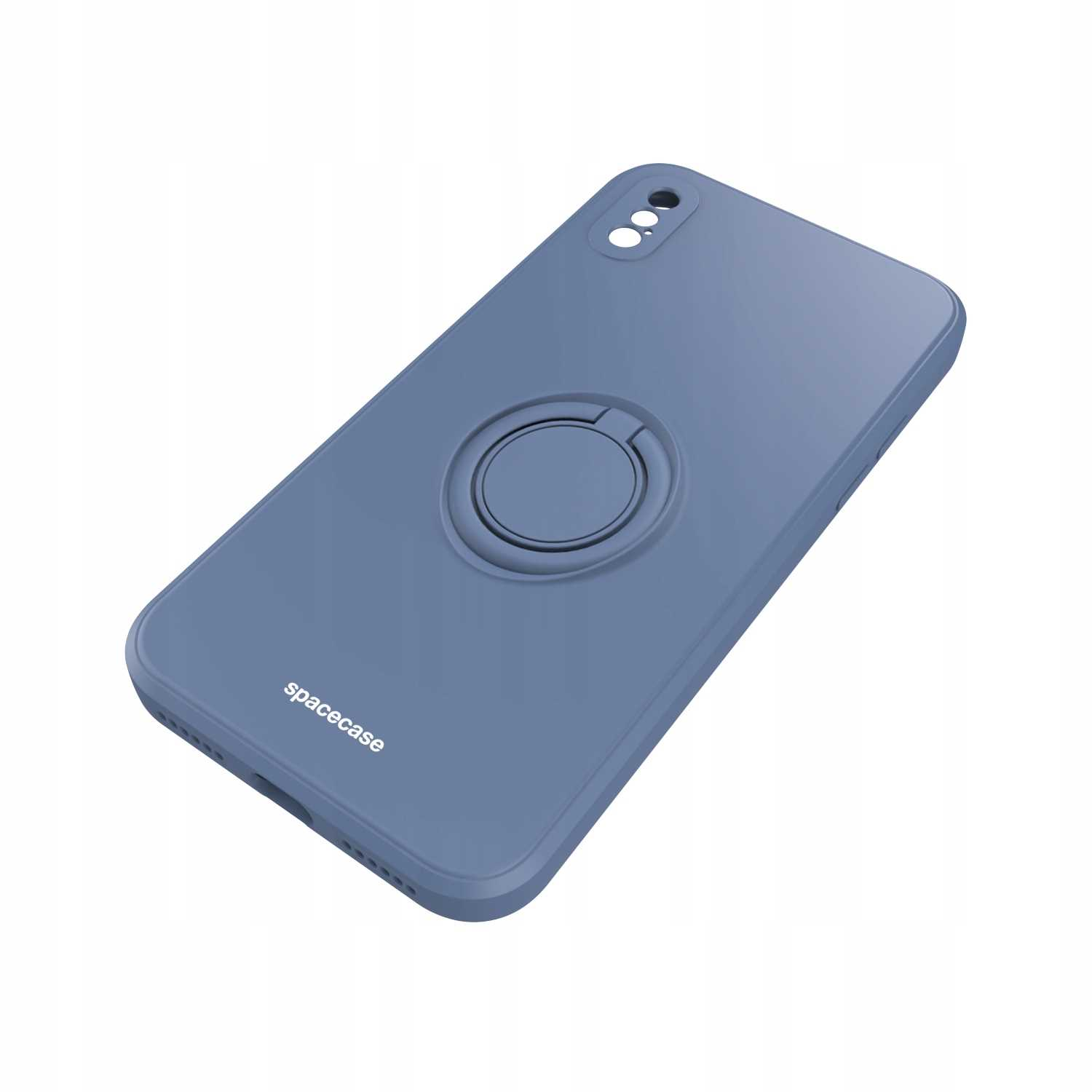 Niebieskie etui na telefon z uchwytem na pierścień i wycięciami na aparat. Na etui napis 'spacecase'.
