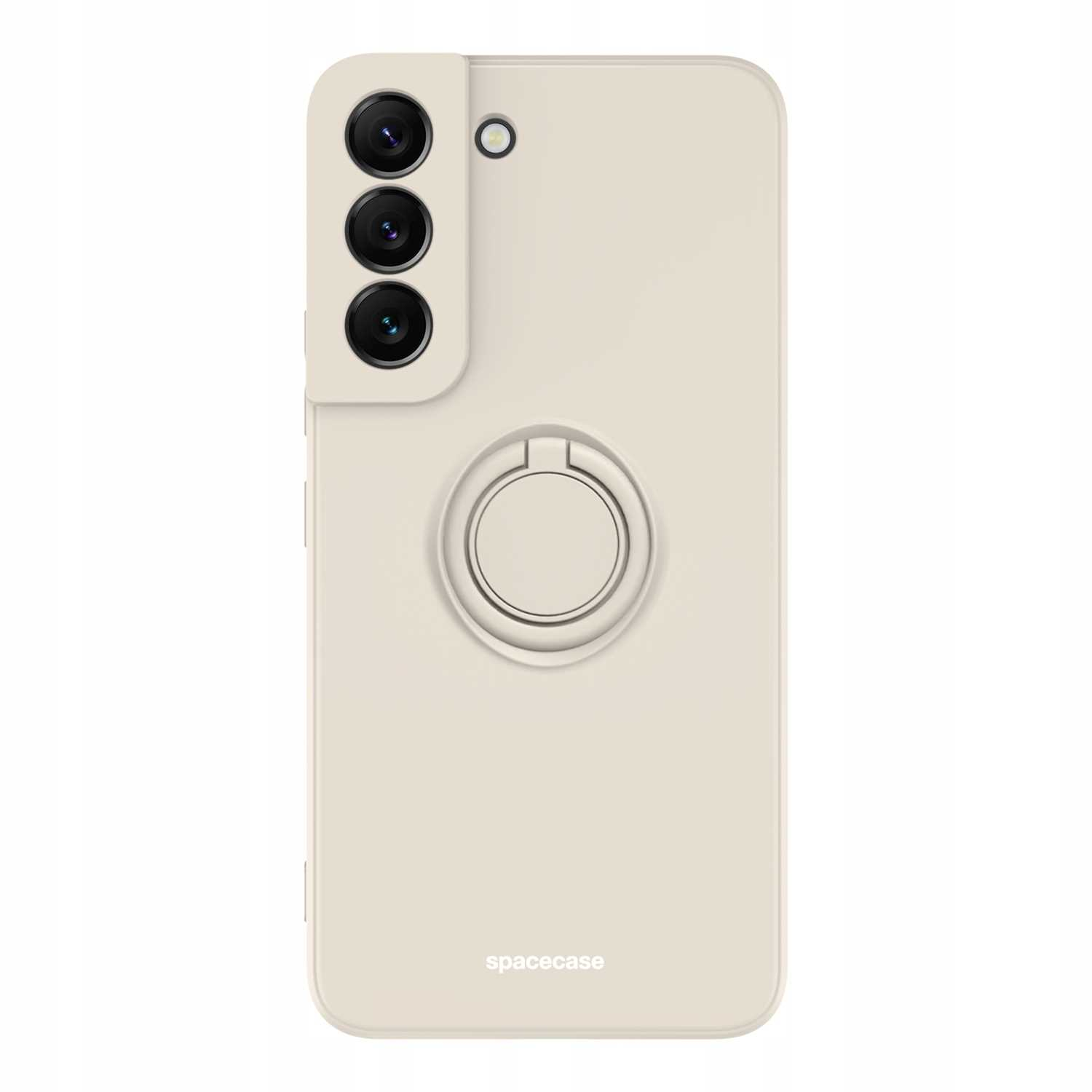Kremowe etui na telefon, uchwyt na pierścień wyśrodkowany, potrójny aparat, logo Spacecase.
