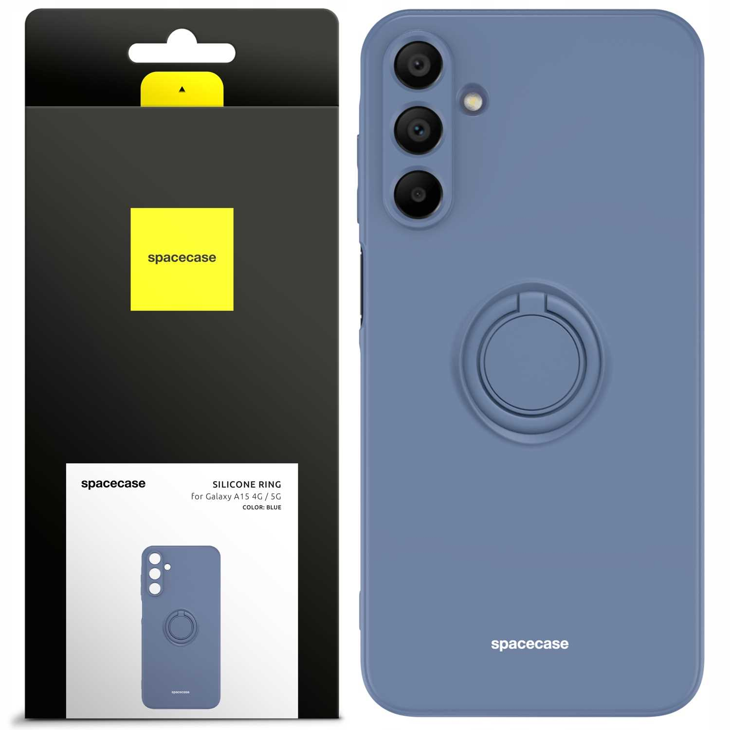 Niebieskie etui z uchwytem na palec, obok czarno-żółtego pudełka. Marka 'spacecase'.