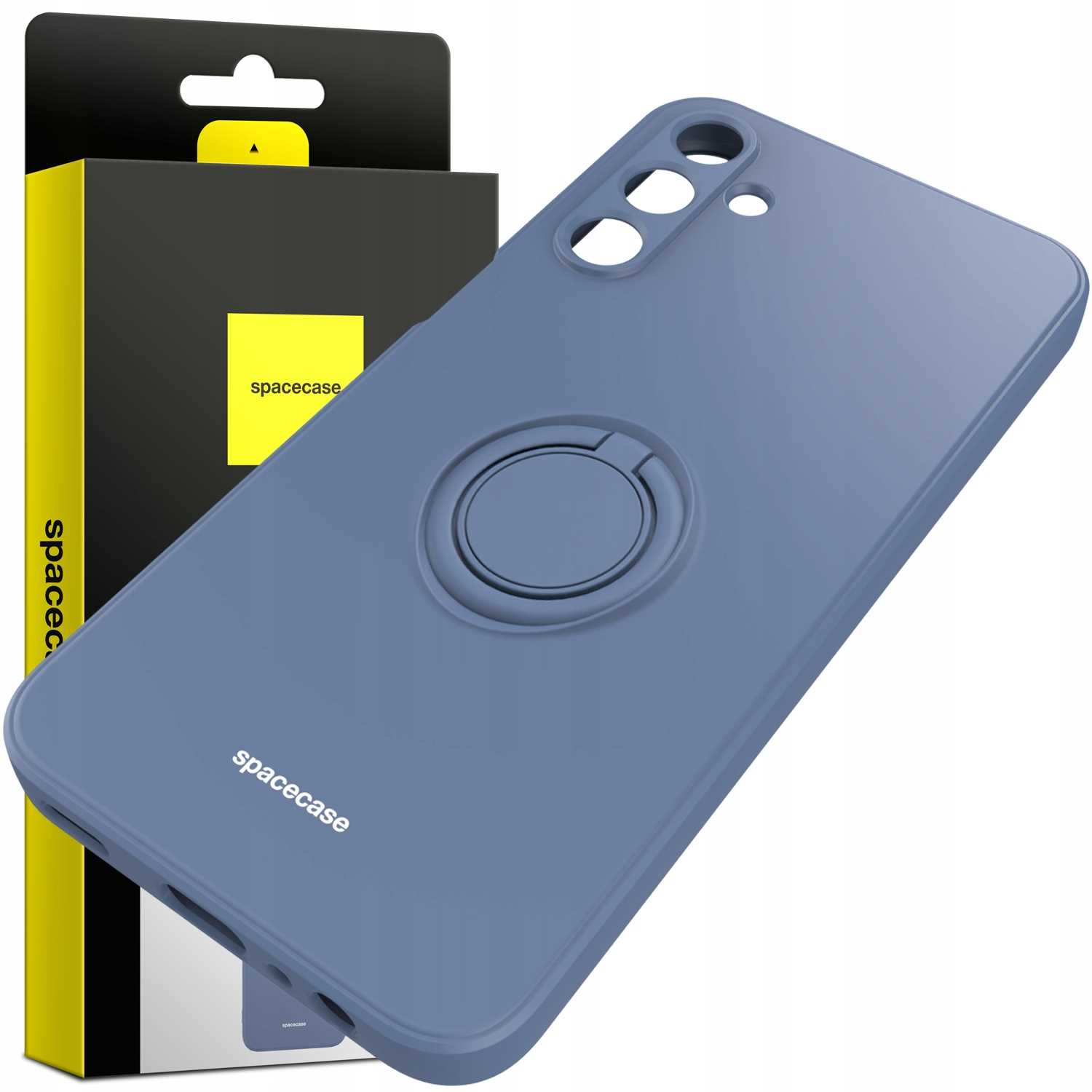 Niebieskie etui na telefon z podstawką w postaci pierścienia i opakowaniem z logo 'spacecase'.