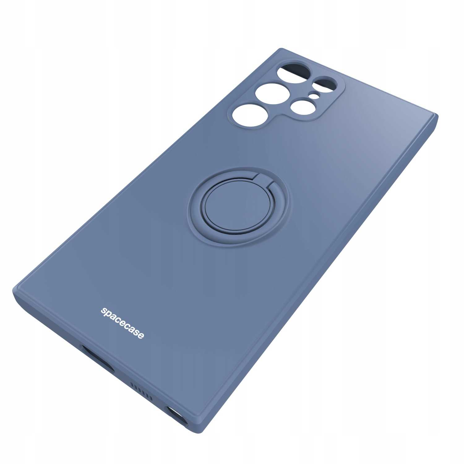 Niebieskie etui na telefon z uchwytem na pierścień, marka 'spacecase', na białym tle.