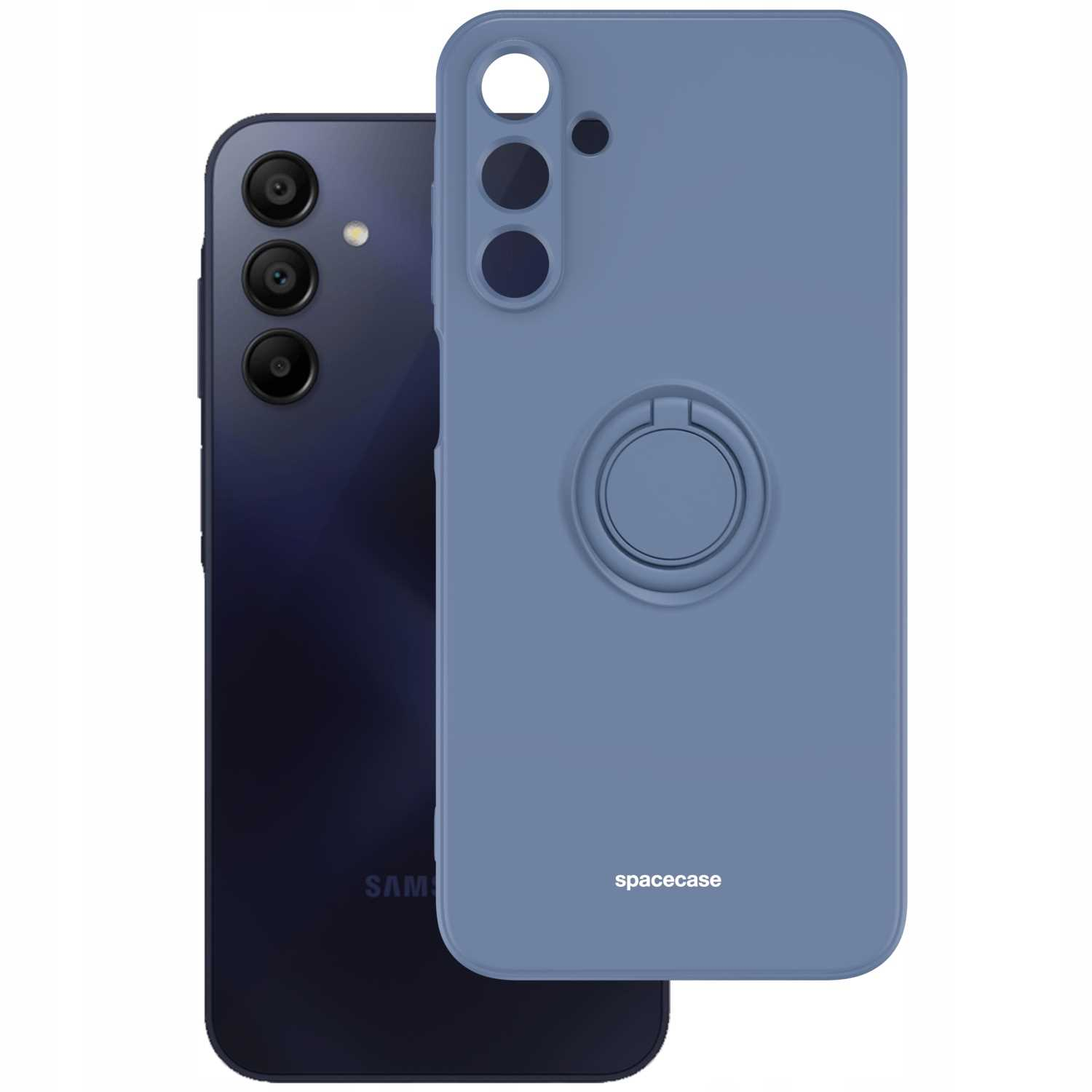 Niebieski telefon i etui z uchwytem na pierścień, zapakowane z logo 'spacecase'.