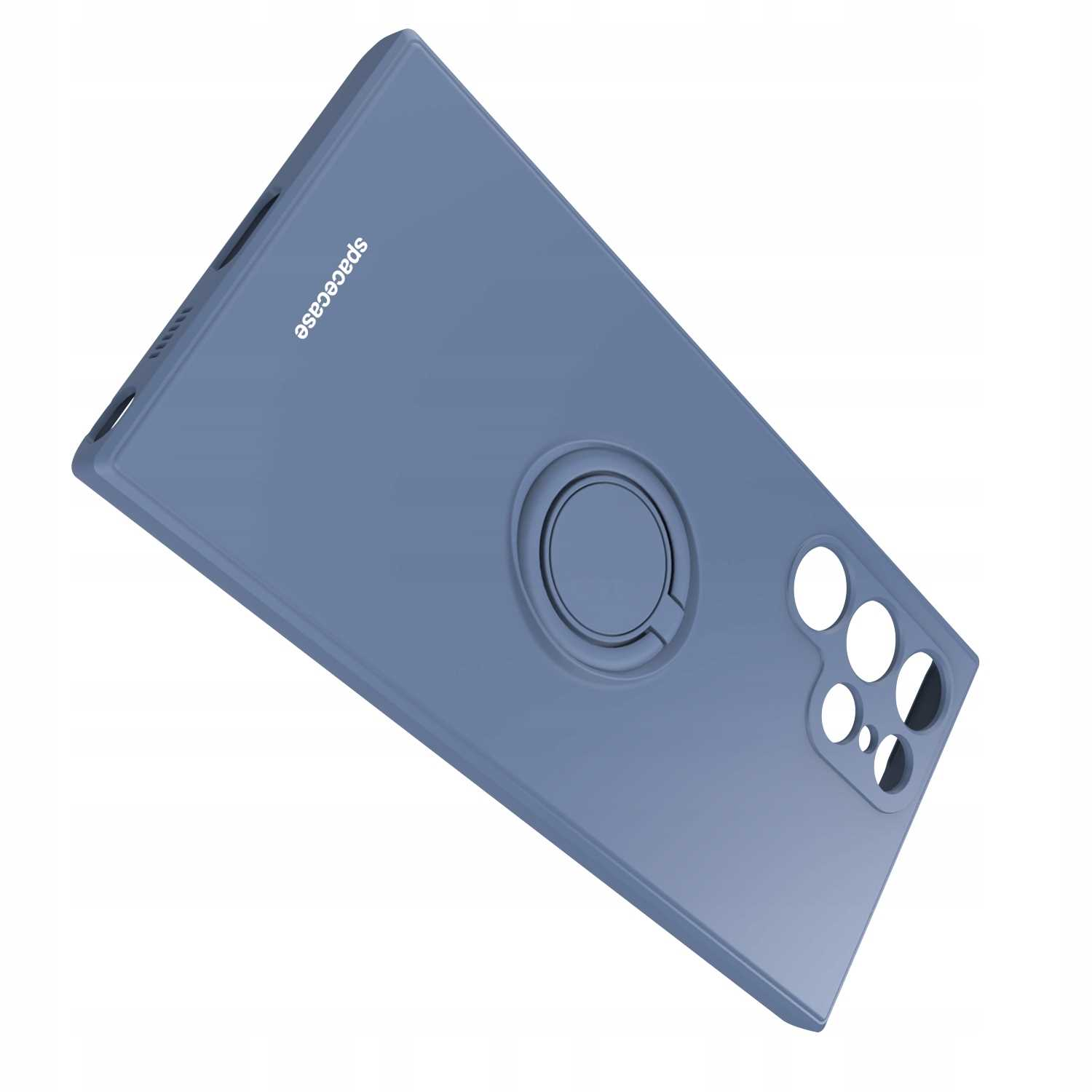 Niebieskie etui na telefon z uchwytem na pierścień, widoczna nazwa marki 'spacecase'.