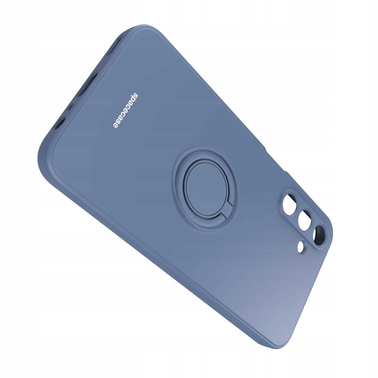 Niebieskie etui na telefon z uchwytem, marki 'spacecase', pod kątem. Widoczne otwory na aparat.