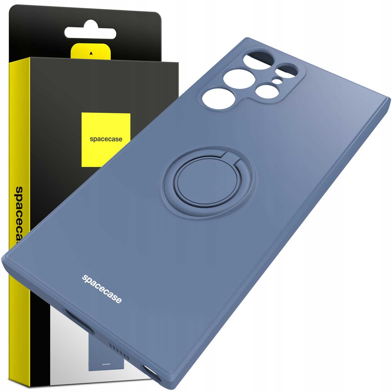 Niebieskie etui z uchwytem i opakowaniem. Marka 'spacecase' na etui i pudełku.