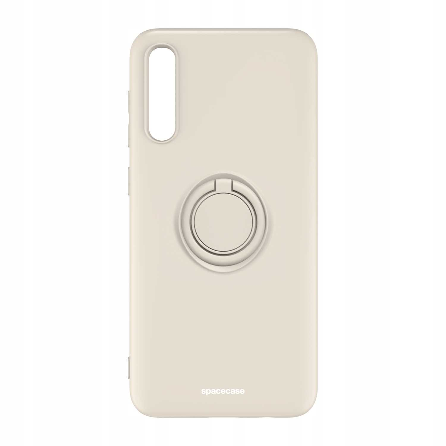 Kremowe etui na telefon z uchwytem na pierścień i nazwą marki. Telefon ma wycięcie na aparat.