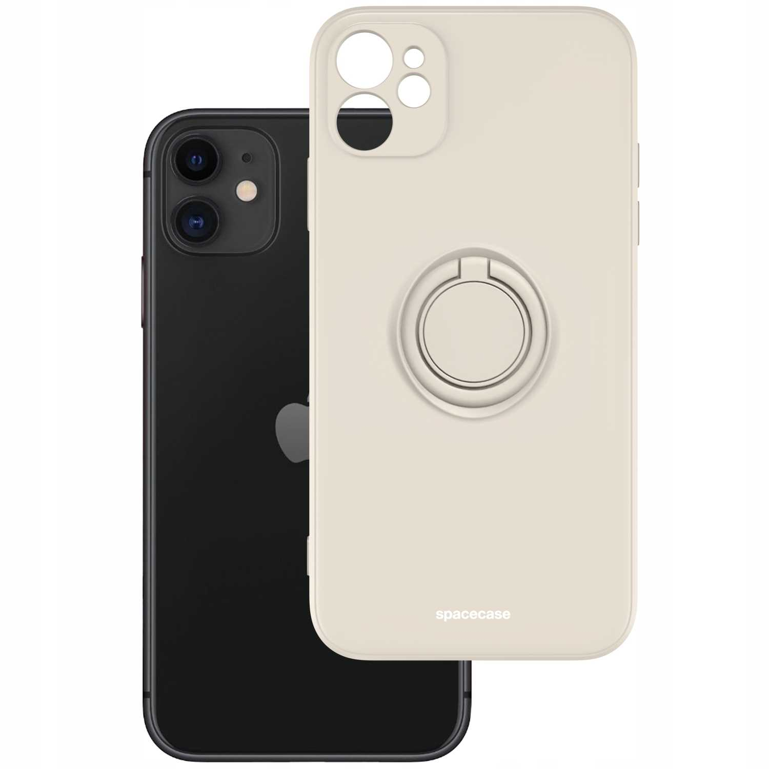 Telefon i kremowe etui z pierścieniem. Logo 'spacecase' nadrukowane.