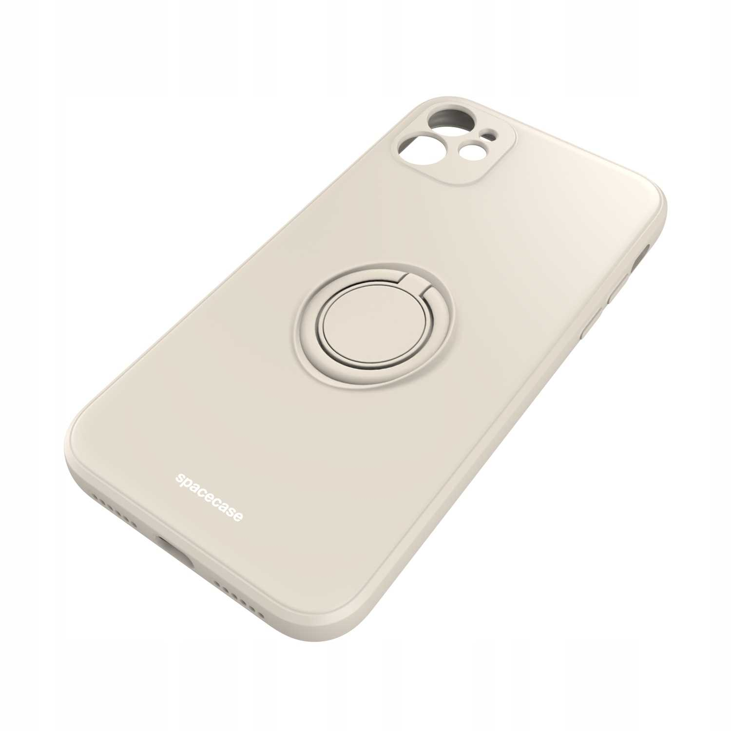 Kremowe etui na telefon z uchwytem na palec. Widoczne logo 'spacecase'.