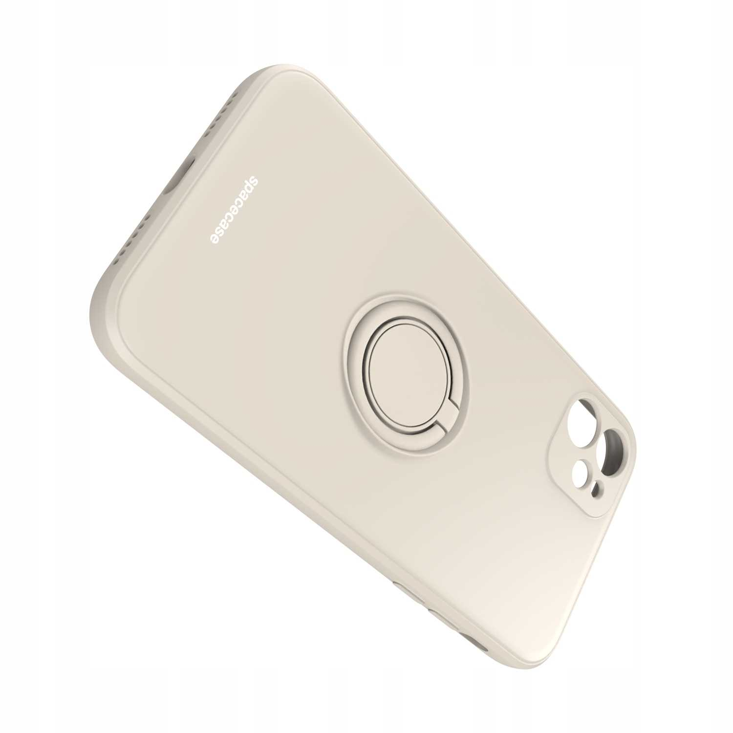 Kremowe etui z uchwytem na palec. Widoczne logo 'spacecase'.