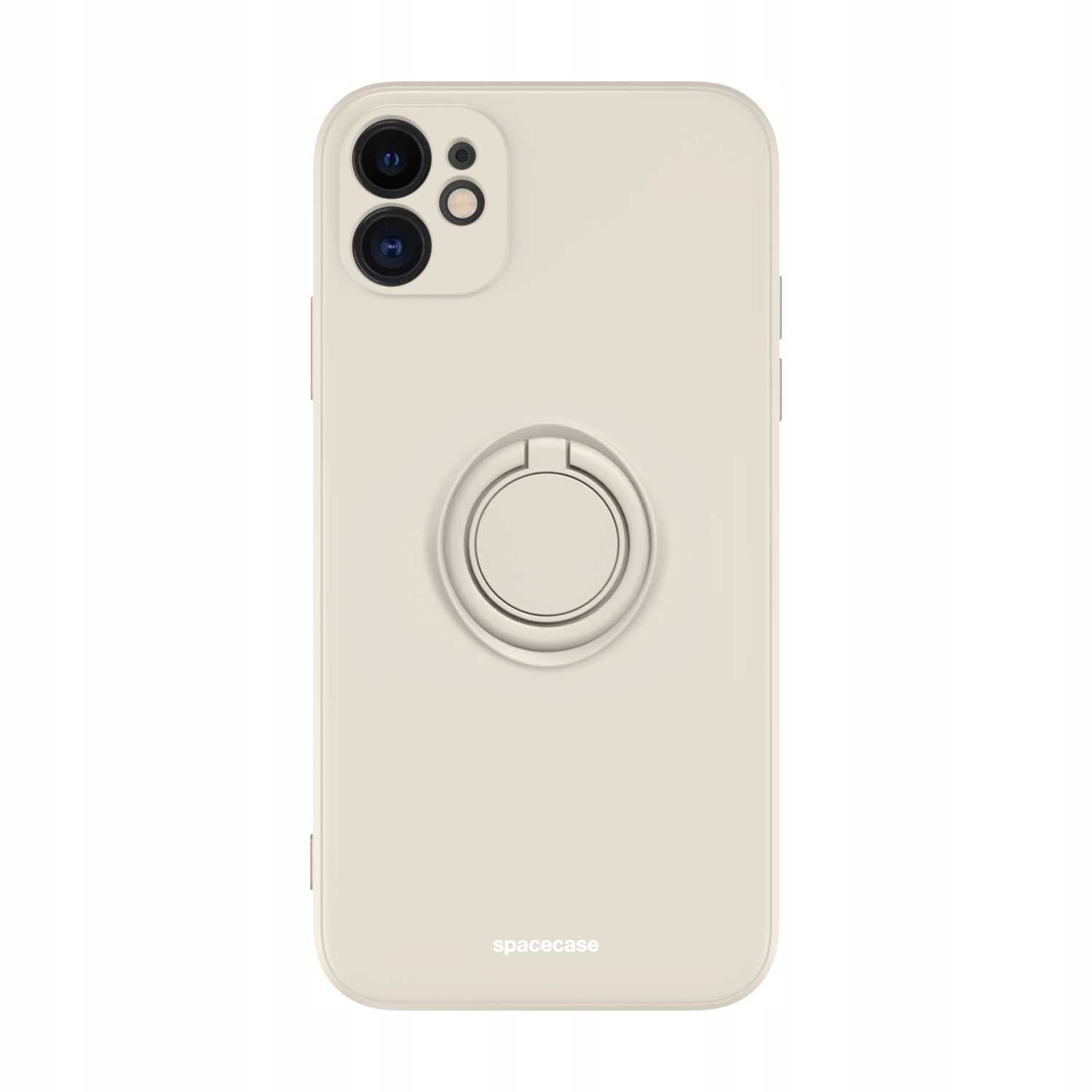 Kremowe etui z pierścieniem, widoczne logo 'spacecase'.