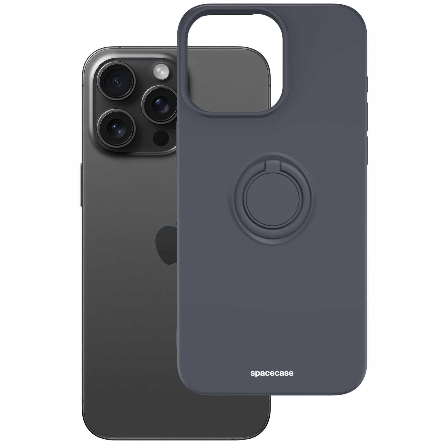 Ciemnoniebieskie etui z uchwytem na palec obok czarnego iPhone'a.