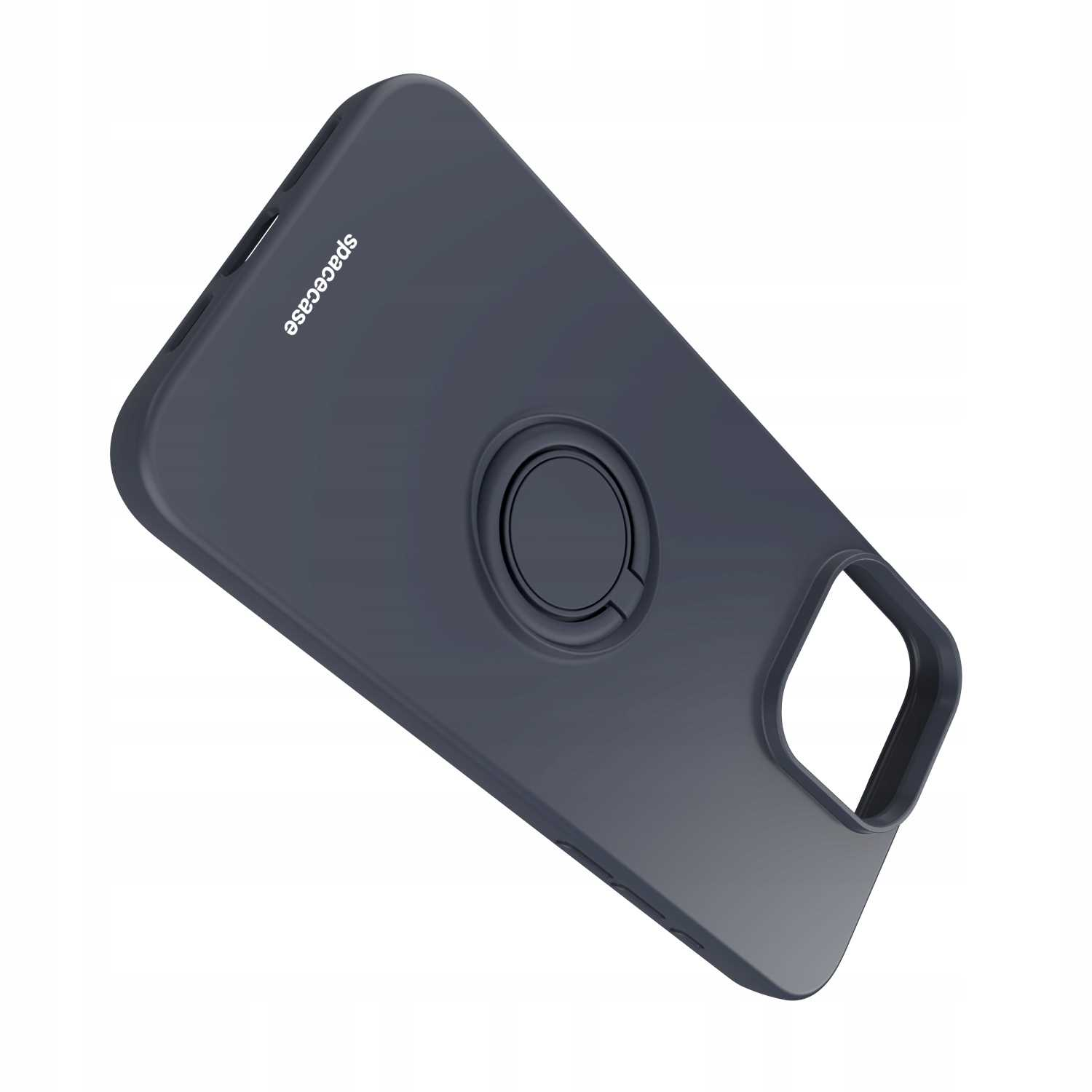 Ciemnoszare etui na telefon z pierścieniem, skierowane w prawo. Widoczne wycięcie na aparat.
