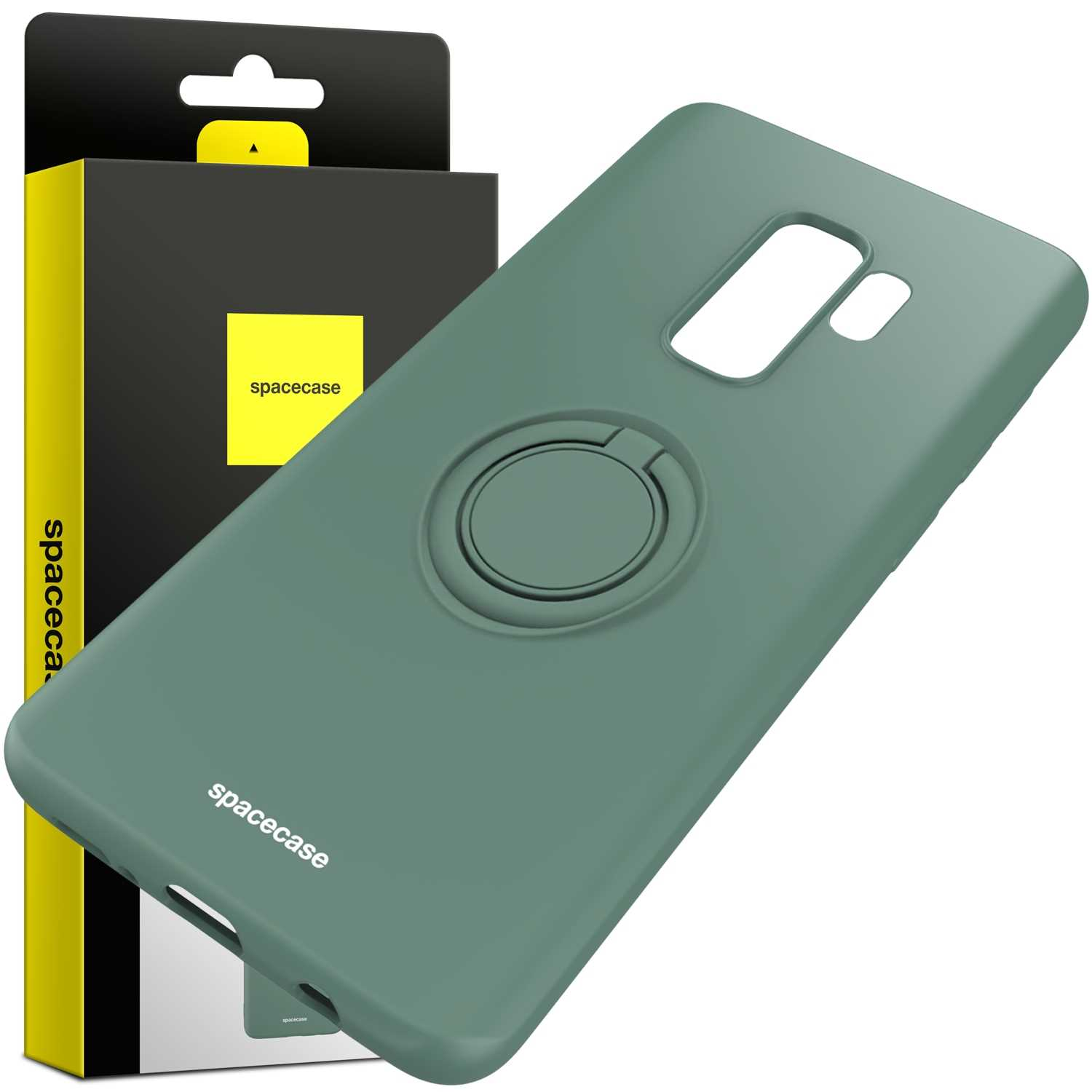 Zielone etui na telefon i pudełko z marką 'spacecase', pokazujące uchwyt na pierścień na etui.