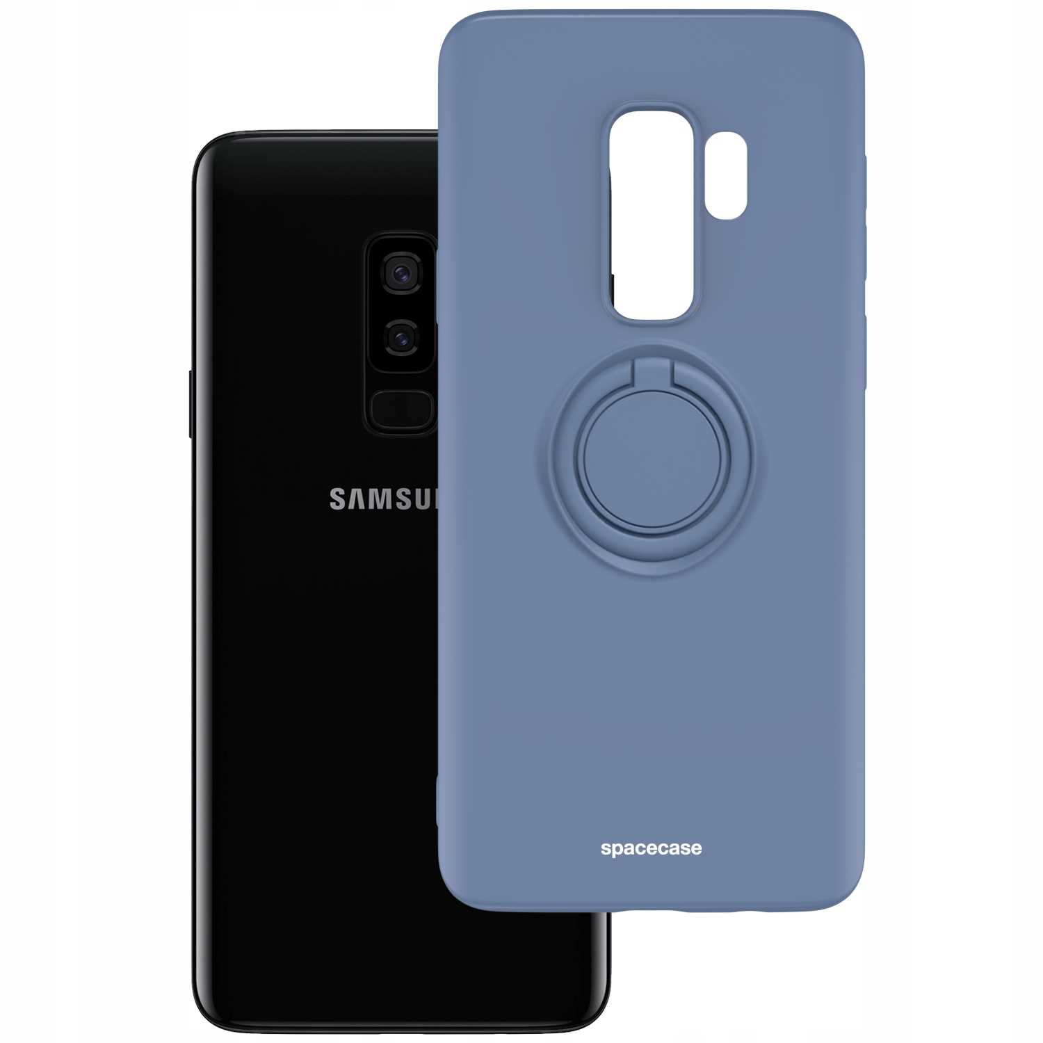 Niebieskie etui z uchwytem na palec z telefonem. Telefon ma logo Samsung.