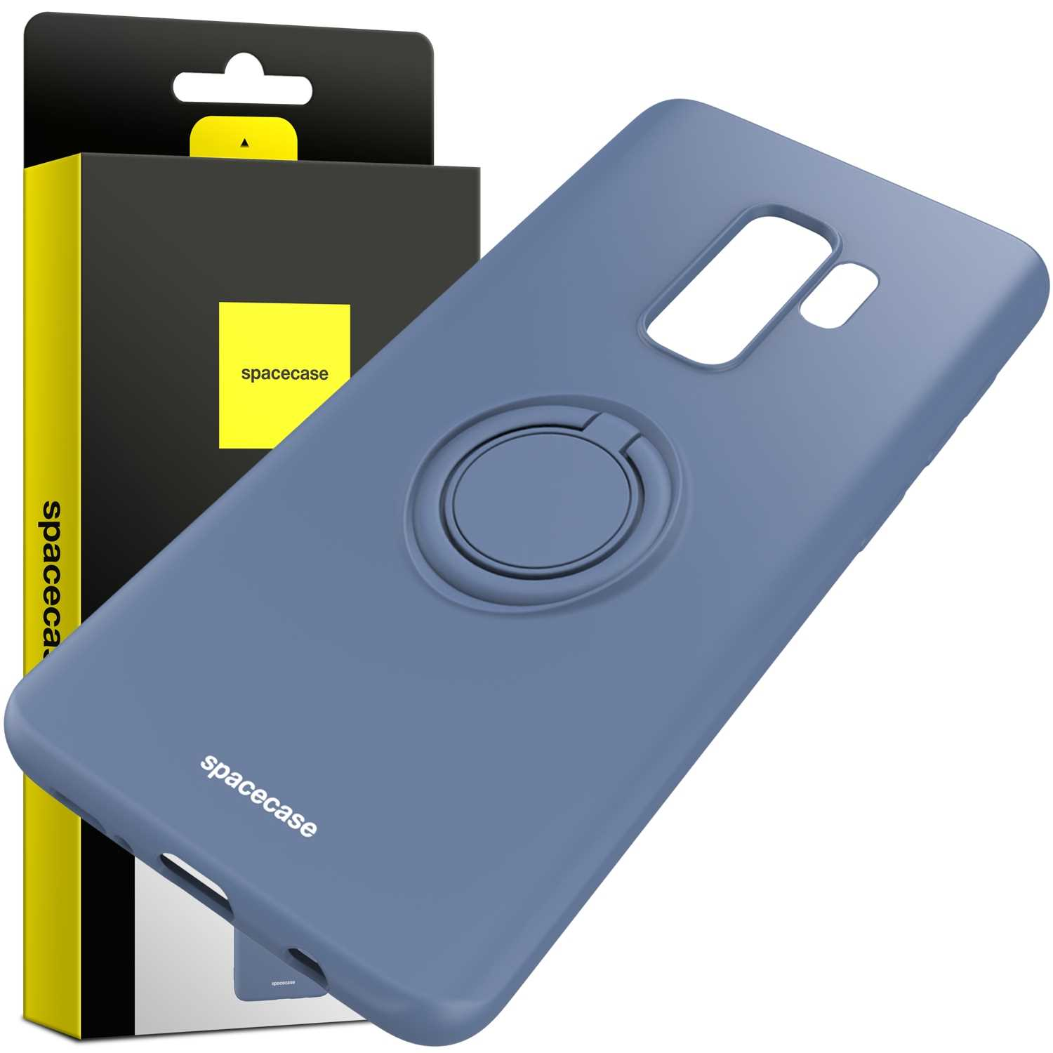 Niebieskie etui z uchwytem na palec i pudełkiem. Pudełko ma markę spacecase.