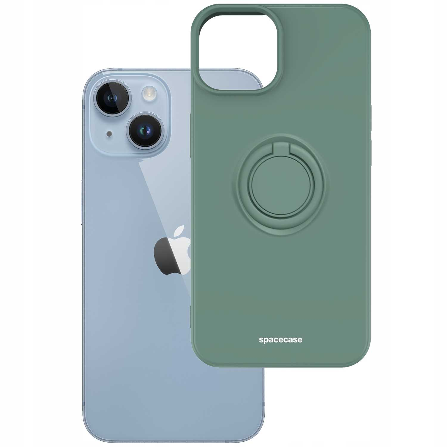 Zielone etui z uchwytem na palec i telefonem. Telefon ma logo Apple.