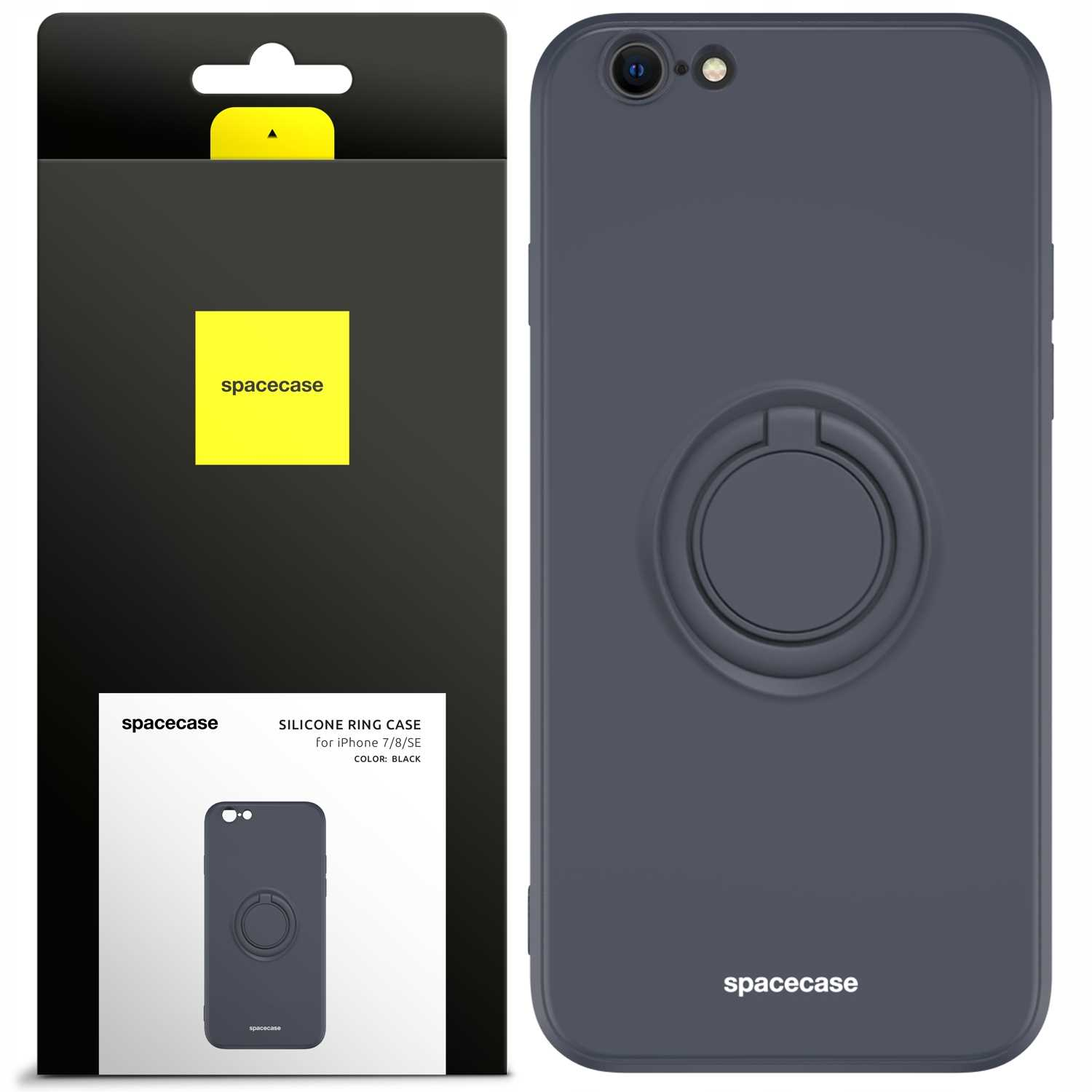 Czarne etui na telefon i opakowanie. Etui ma uchwyt na pierścień. Na pudełku napis 'spacecase'.