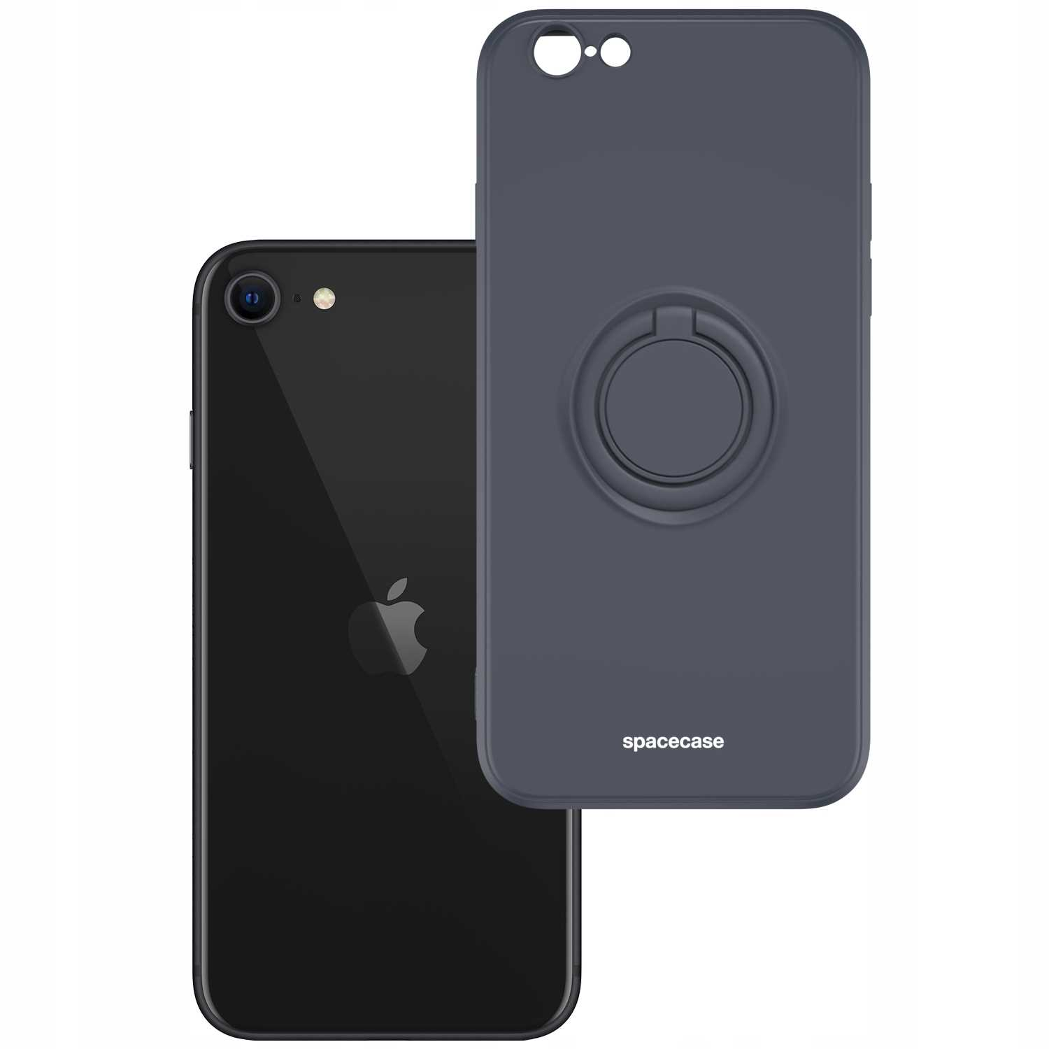 Czarny telefon i ciemnoszare etui na telefon z uchwytem na pierścień na białym tle. Nazwa marki znajduje się na etui.