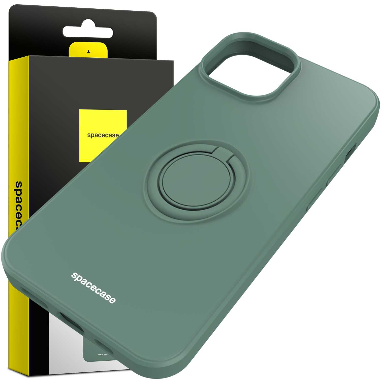 Zielone etui z uchwytem na pierścień i opakowanie. Marka 'spacecase' widoczna.