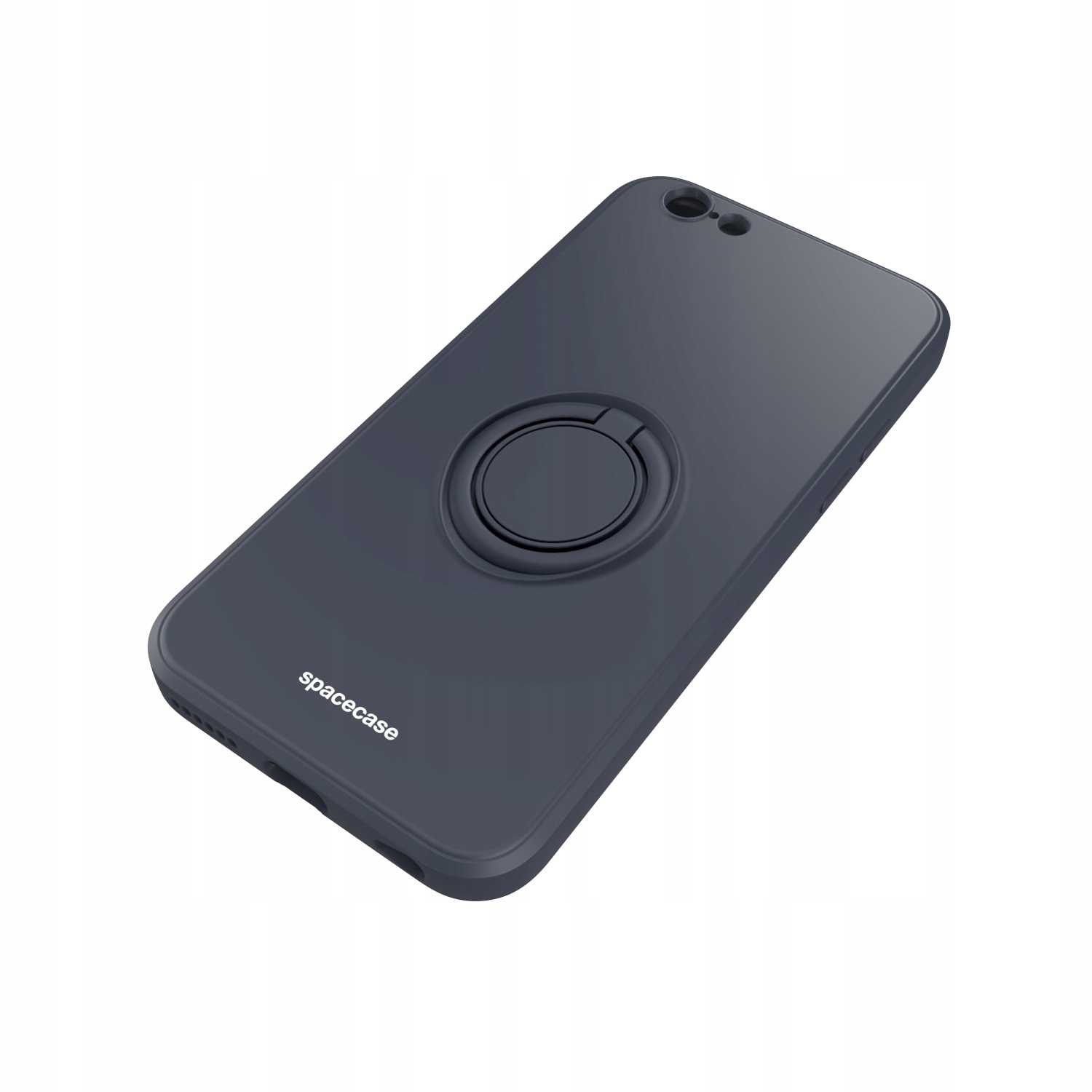 Ciemnoszare etui na telefon z uchwytem na pierścień jest ustawione pod kątem na białym tle, pokazując nazwę marki.