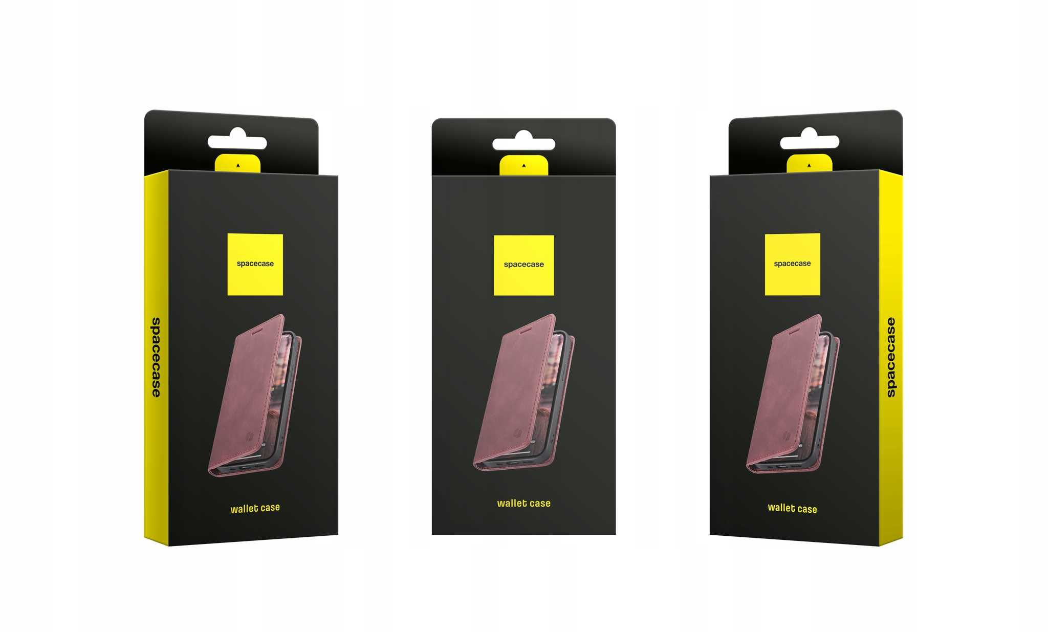 Trzy etui na telefon typu portfel w czarnych pudełkach.