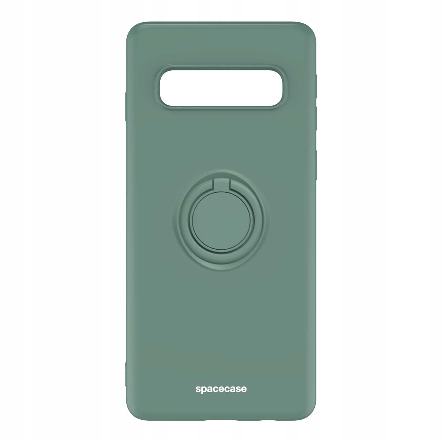 Zielone etui na telefon z uchwytem na pierścień, oznaczone napisem 'spacecase'. Etui na telefon ma aparat. Tło jest białe.