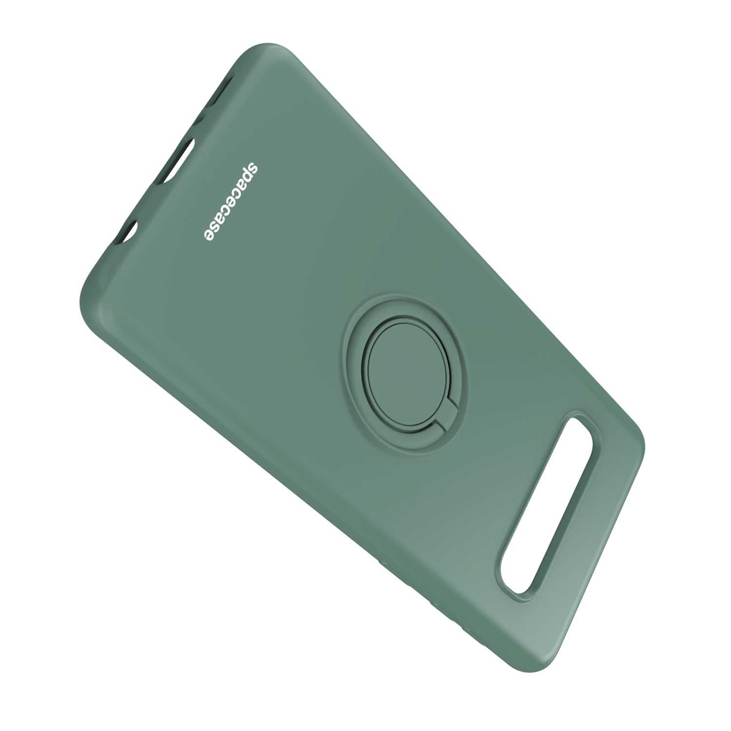 Zielone etui z pierścieniem. Widoczny tekst 'spacecase'. Widok pod kątem.