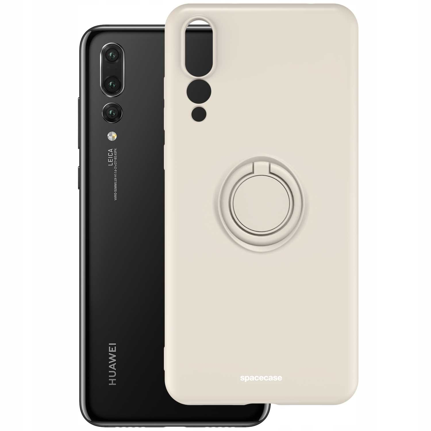 Kremowe etui z pierścieniem i czarny telefon. Marka 'spacecase'.