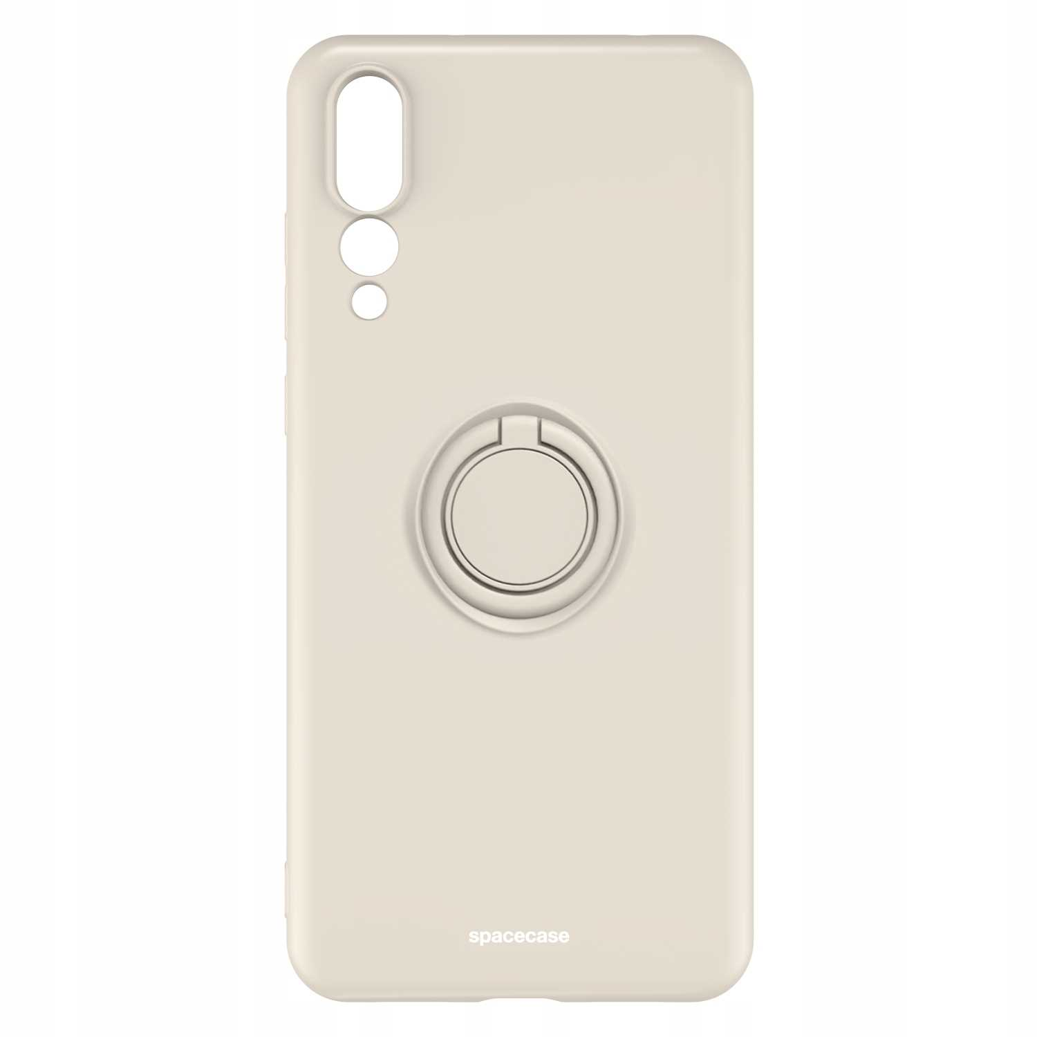 Kremowe etui z uchwytem na pierścień. Widoczne 'spacecase'.