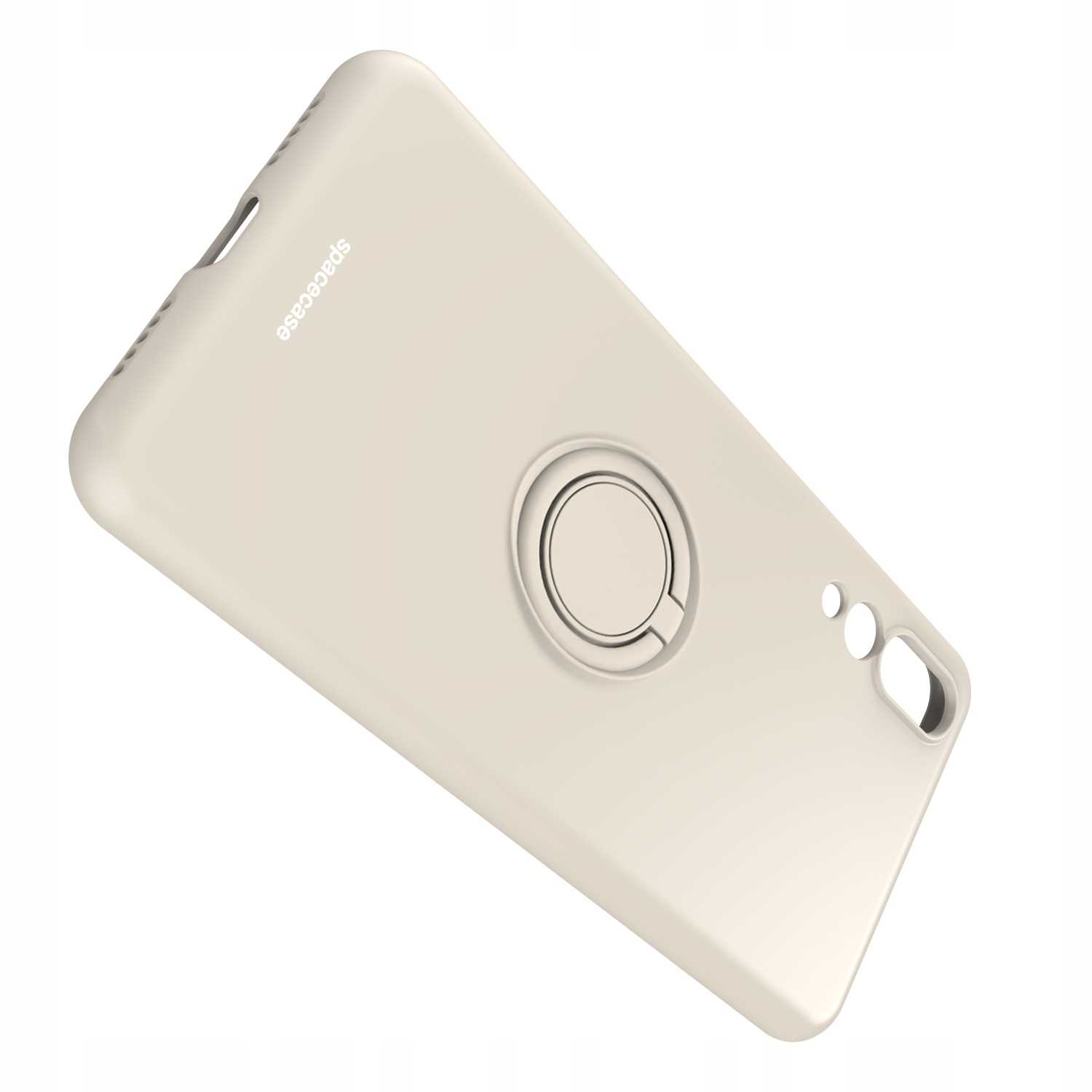 Kremowe etui na telefon z pierścieniem. Etui ma logo spacecase. Białe tło.