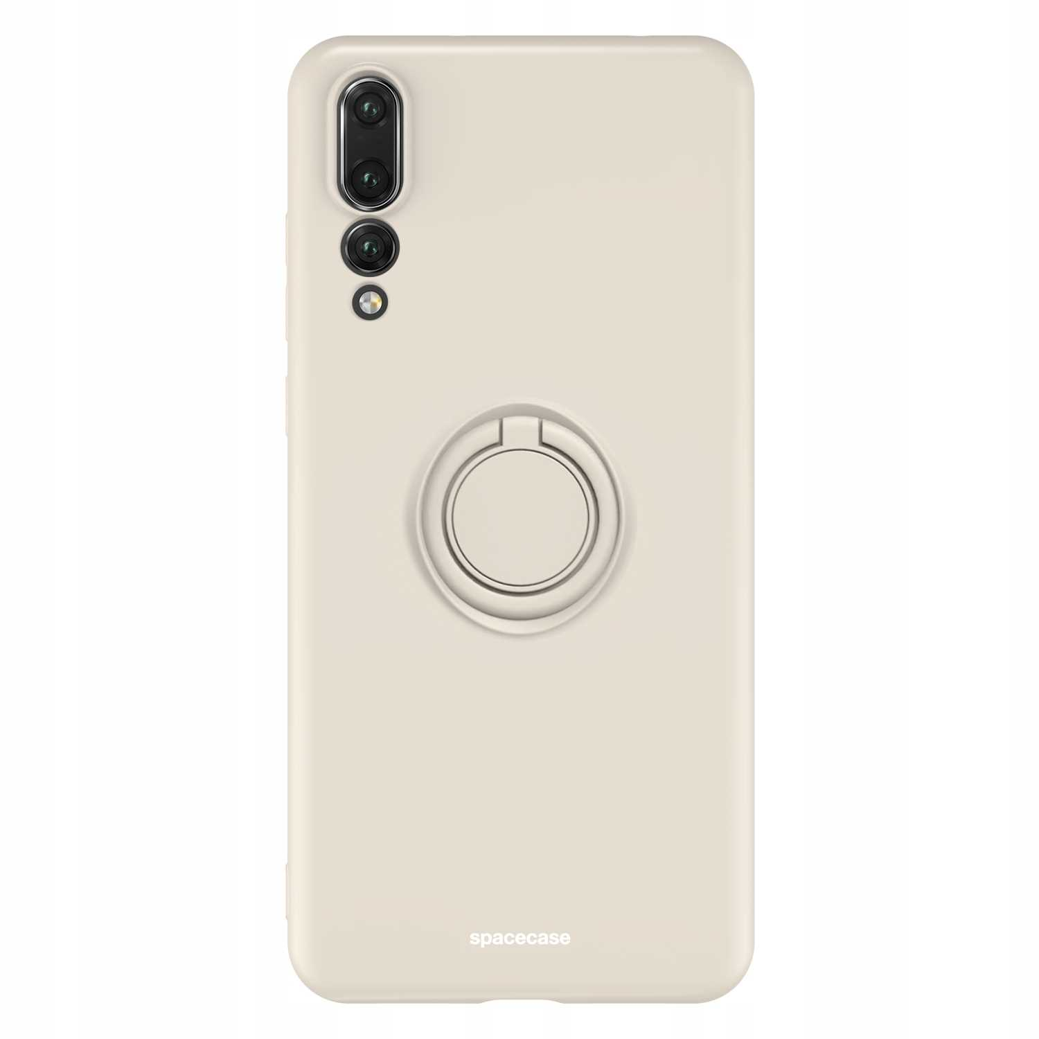 Kremowe etui na telefon z uchwytem na pierścień na białym tle. Etui ma trzy otwory na aparat.