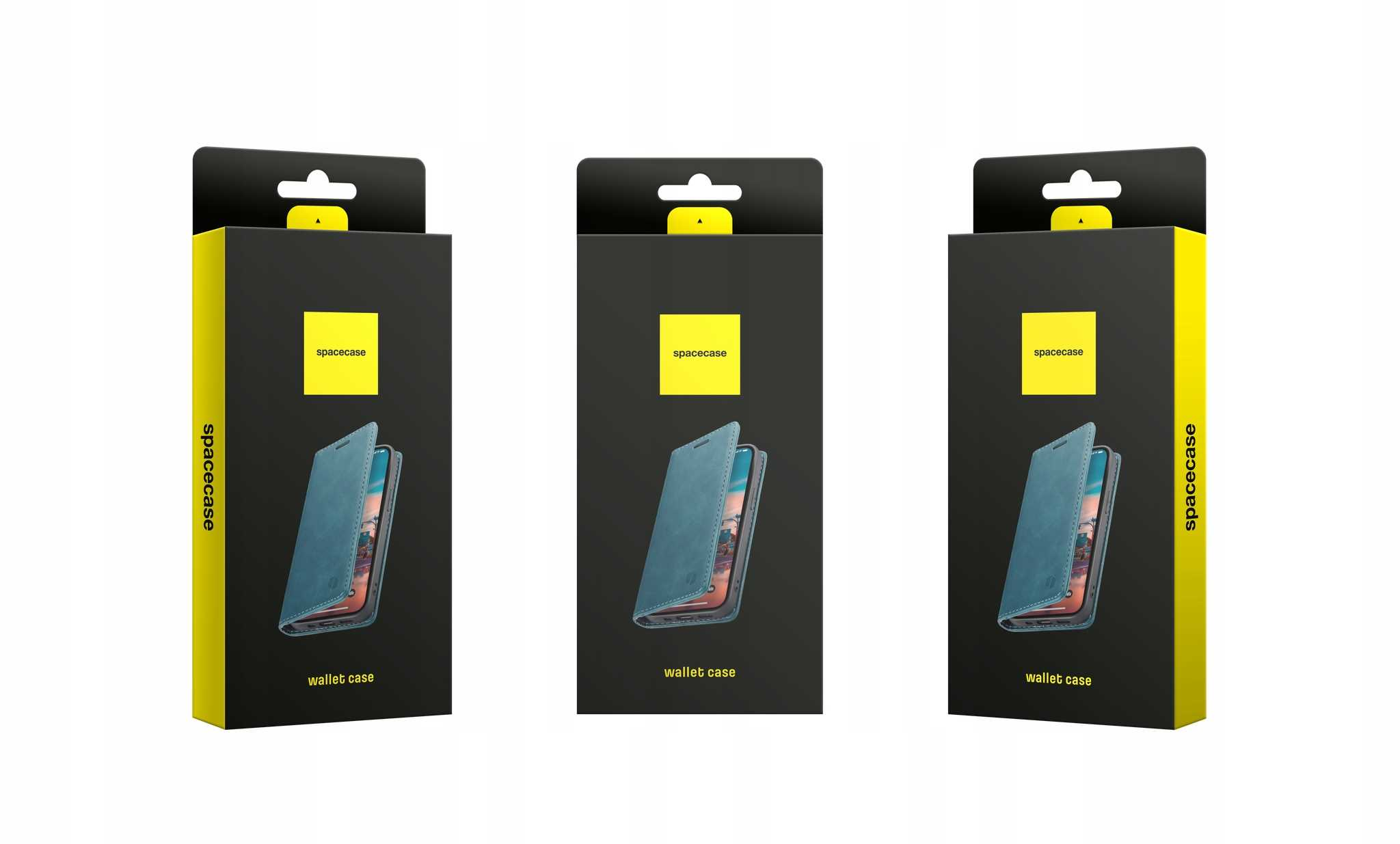 Trzy pudełka z etui na portfel z widocznym turkusowym skórzanym etui na telefon.
