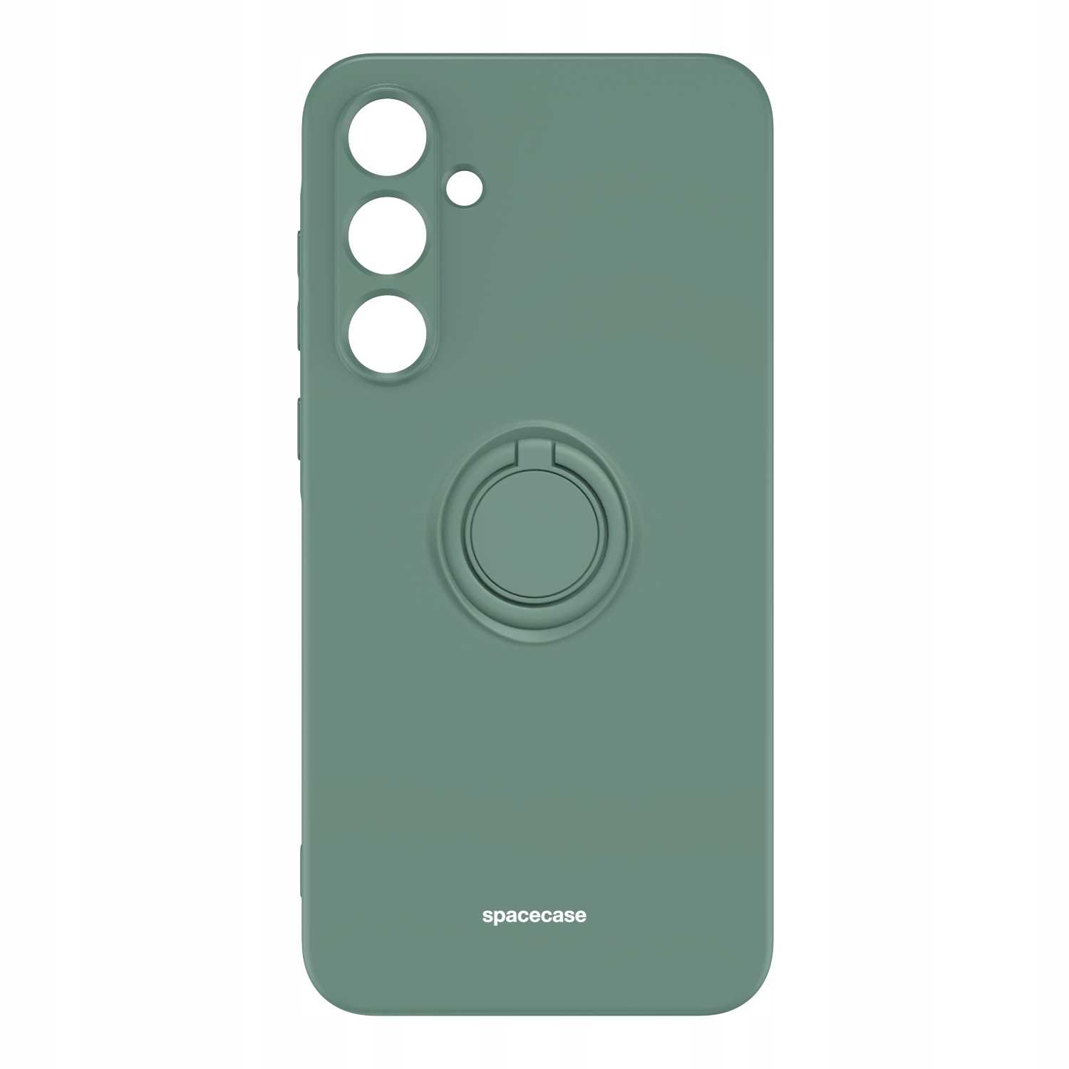 Zielone etui na telefon z uchwytem na pierścień na białym tle. Widoczne logo spacecase.