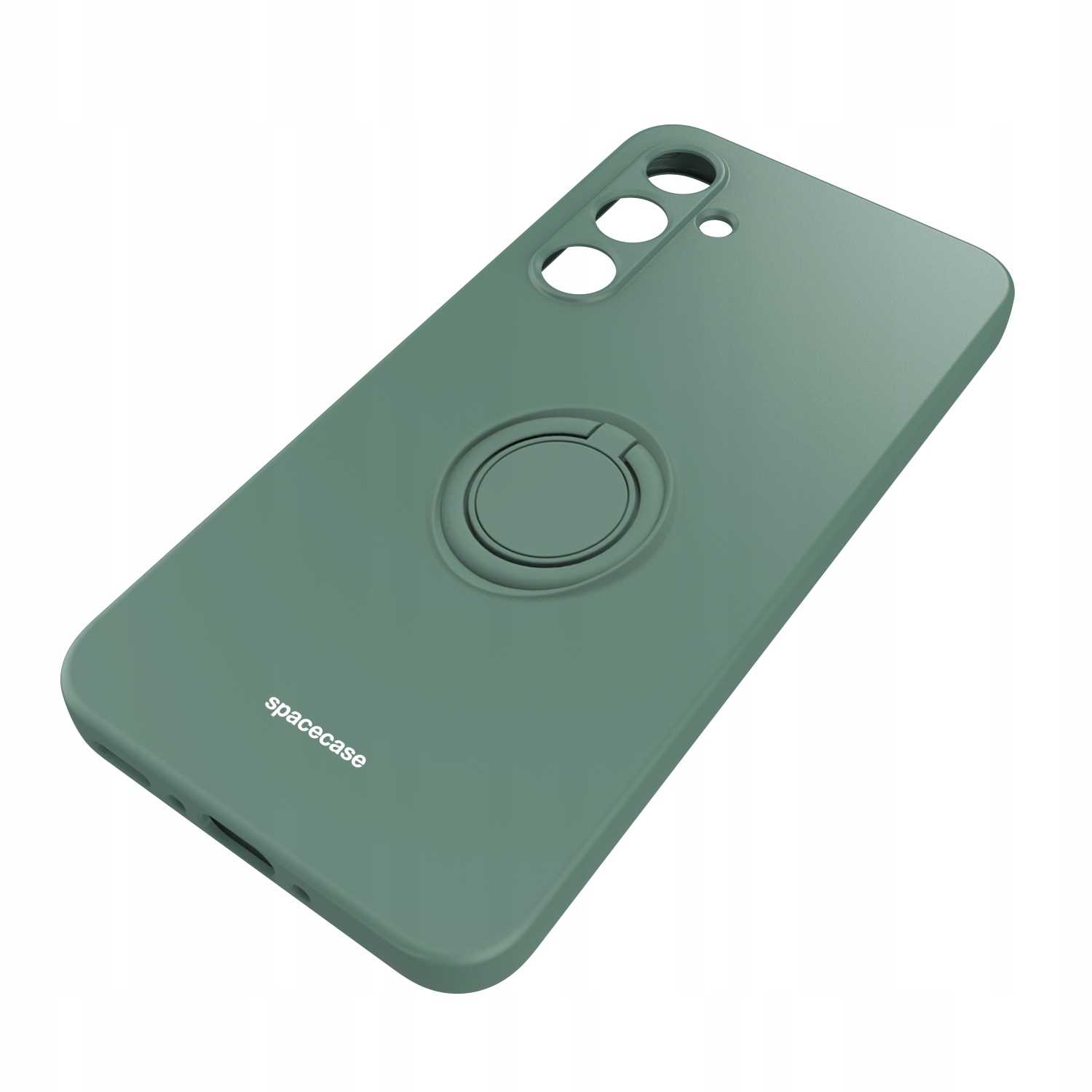 Zielone etui na telefon z uchwytem na pierścień na białym tle. Widoczne logo spacecase.