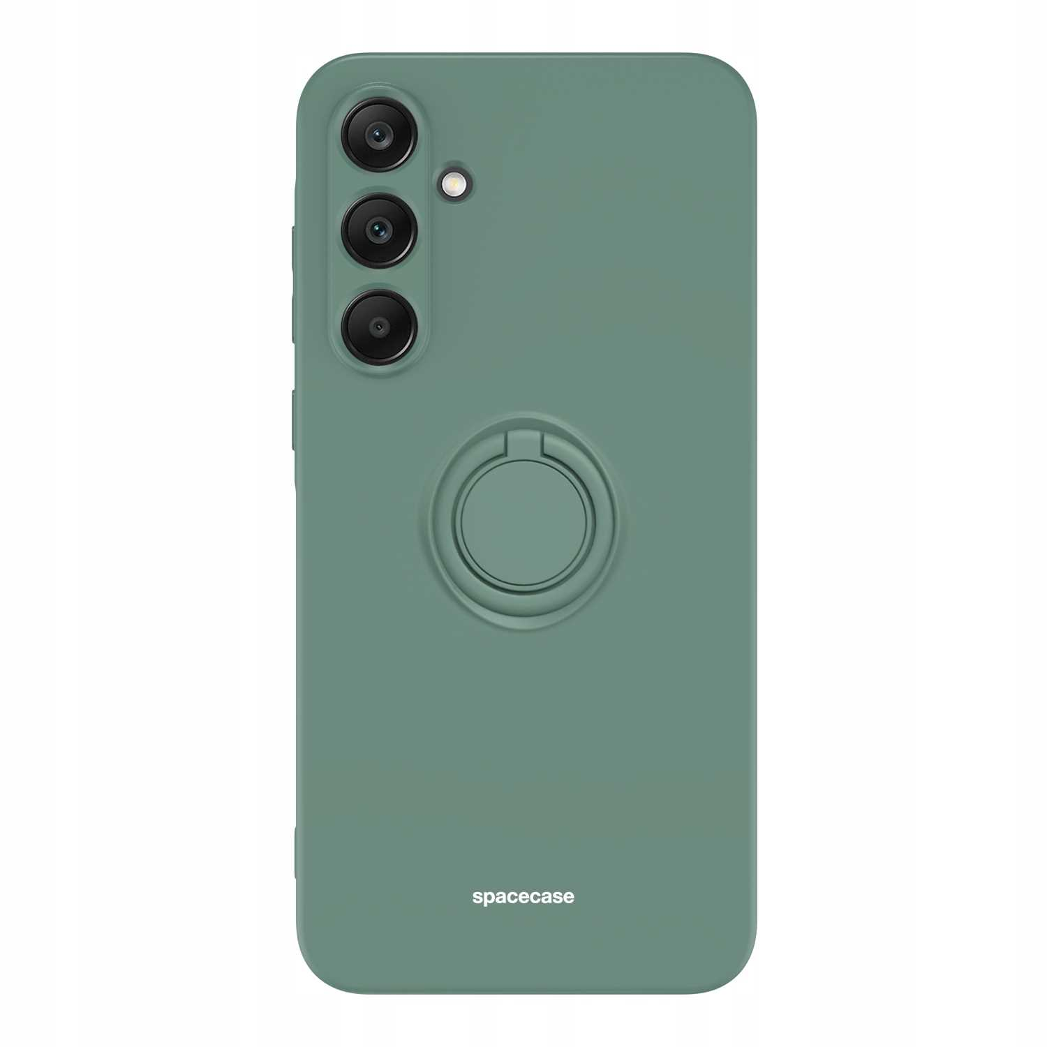 Zielone etui na telefon z trzema obiektywami aparatu, uchwytem na pierścień i napisem 'spacecase'.
