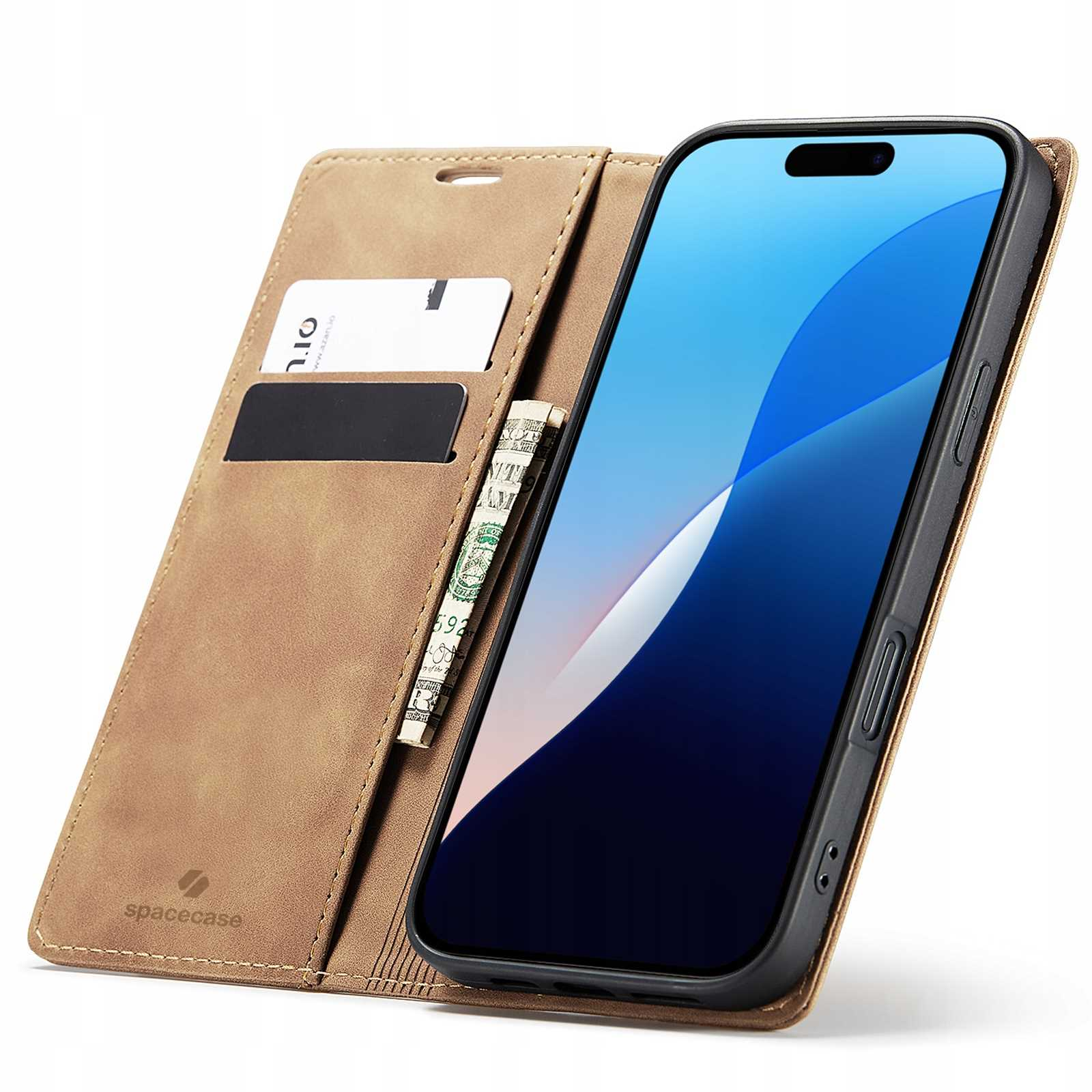 Brązowe etui otwarte z telefonem w środku. Etui mieści karty i pieniądze. Widoczne logo Spacecase.