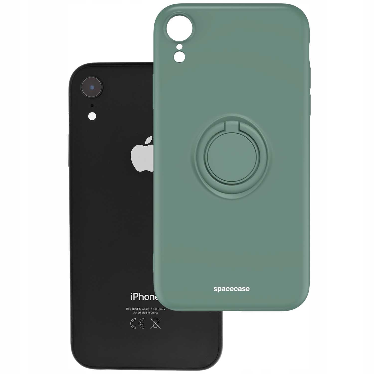 Czarny iPhone obok zielonego etui z pierścieniem. Etui ma logo spacecase.