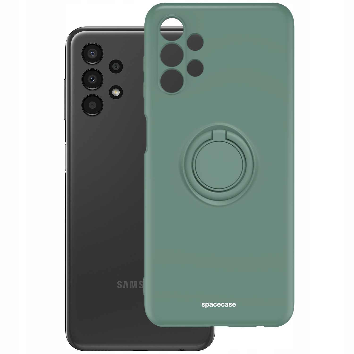 Zielone etui z uchwytem na pierścień i czarnym telefonem. Marka spacecase. Telefon to Samsung.