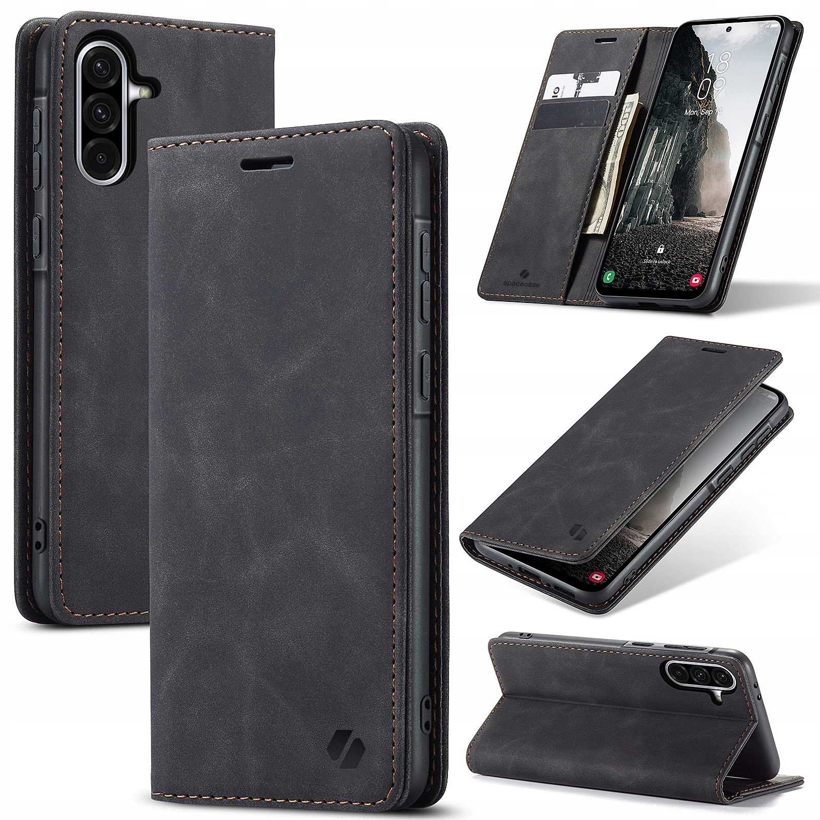 Wiele ujęć czarnego telefonu w etui. Etui jest czarne, a telefon widoczny.