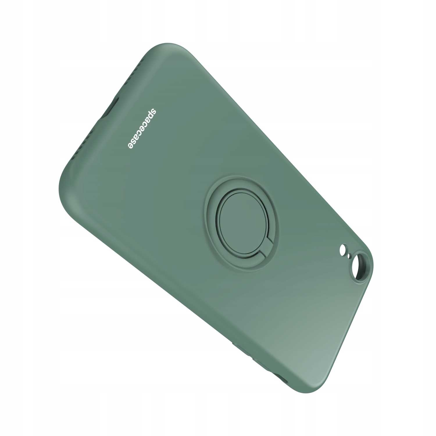 Zielone etui na telefon z uchwytem na pierścień. Widoczna nazwa marki 'spacecase'.