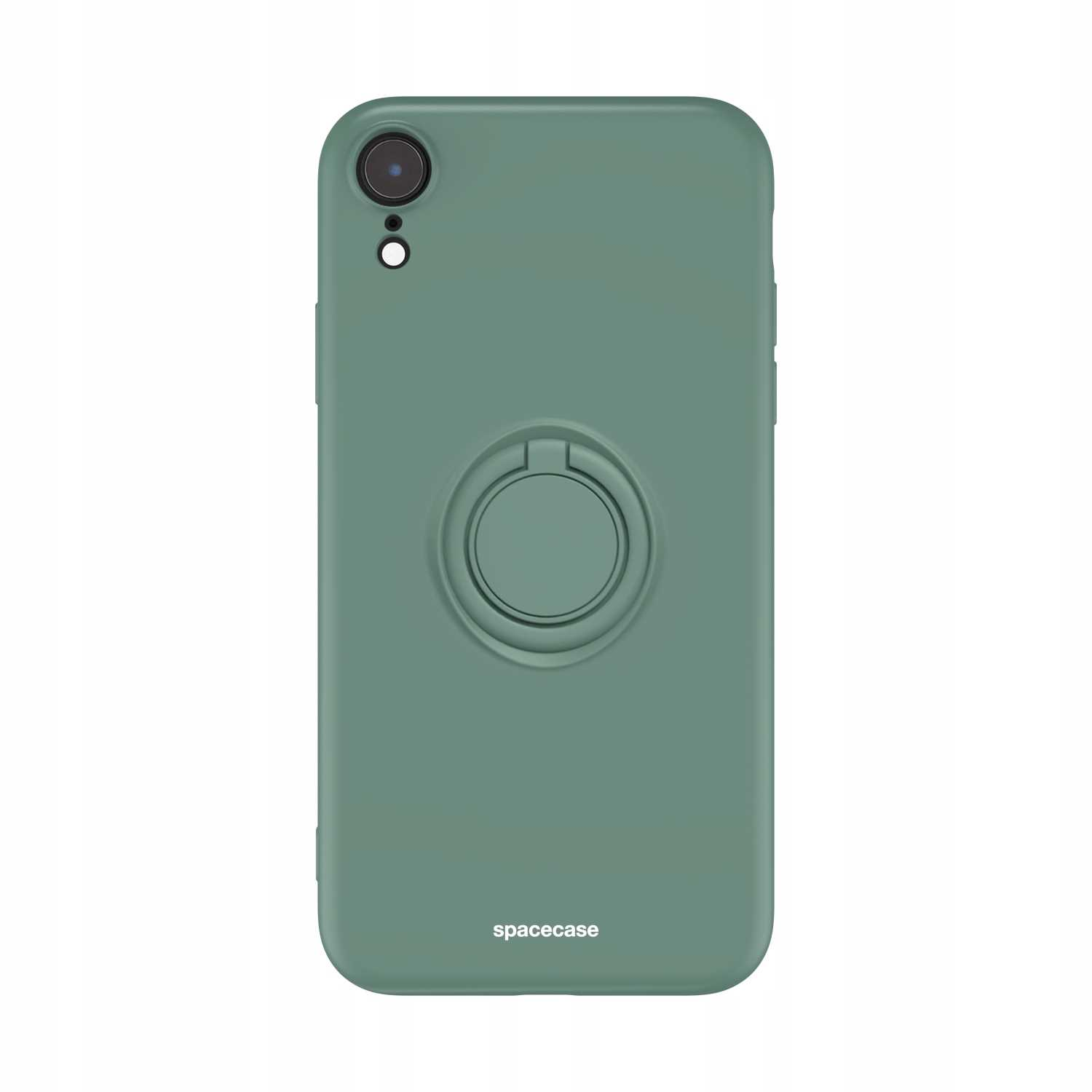 Zielone etui na telefon z uchwytem na pierścień. Widoczna nazwa marki 'spacecase'.