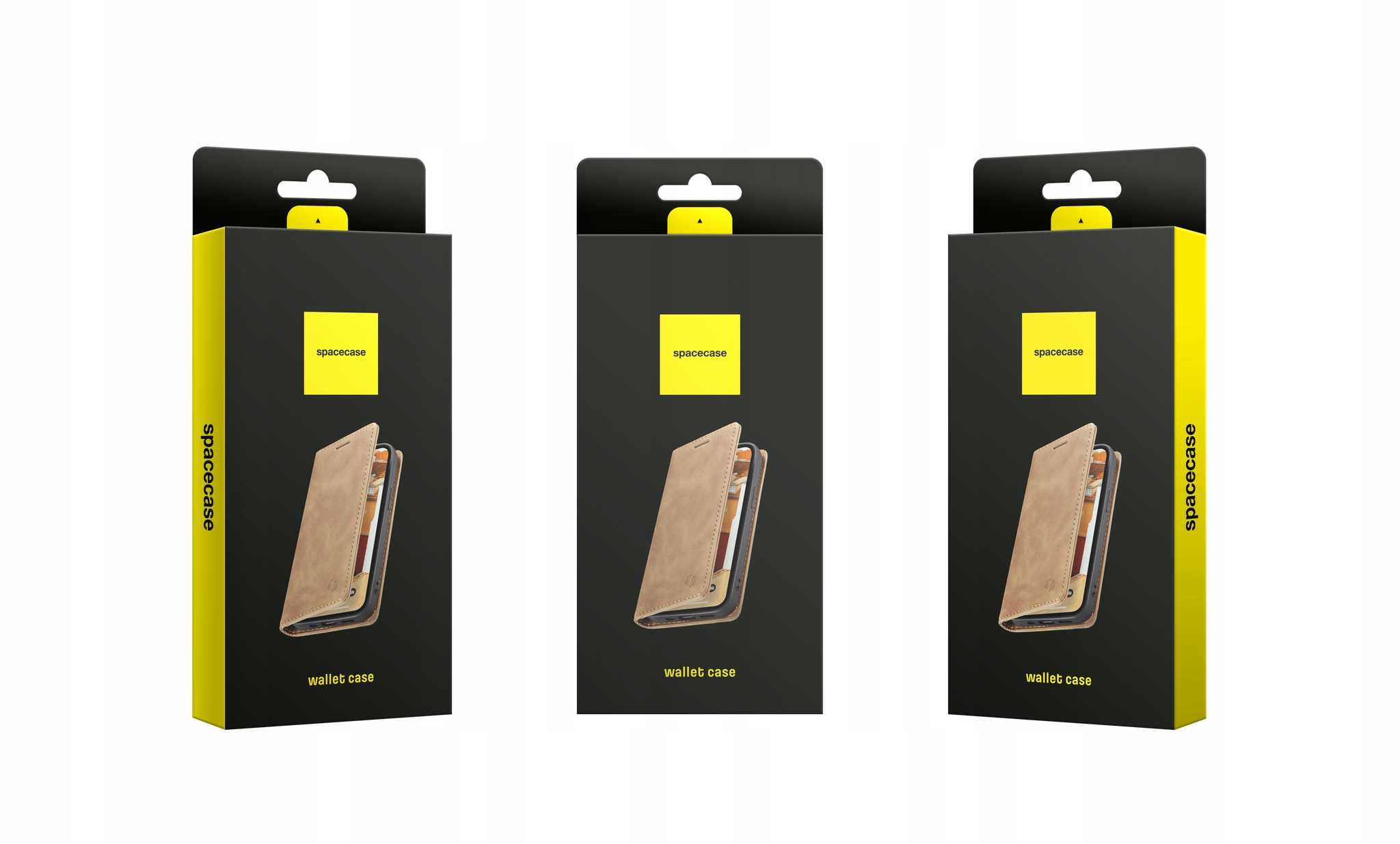 Trzy etui w pudełkach. Brązowa skóra. Białe tło.