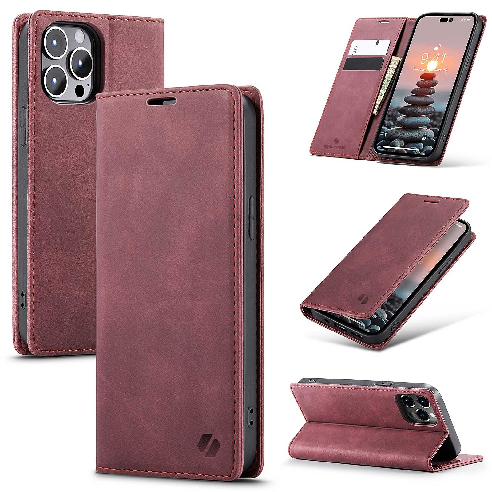 Bordowe etui na telefon w wielu widokach. Pokazuje otwarte etui z telefonem, zamknięte i złożone jako podstawka.