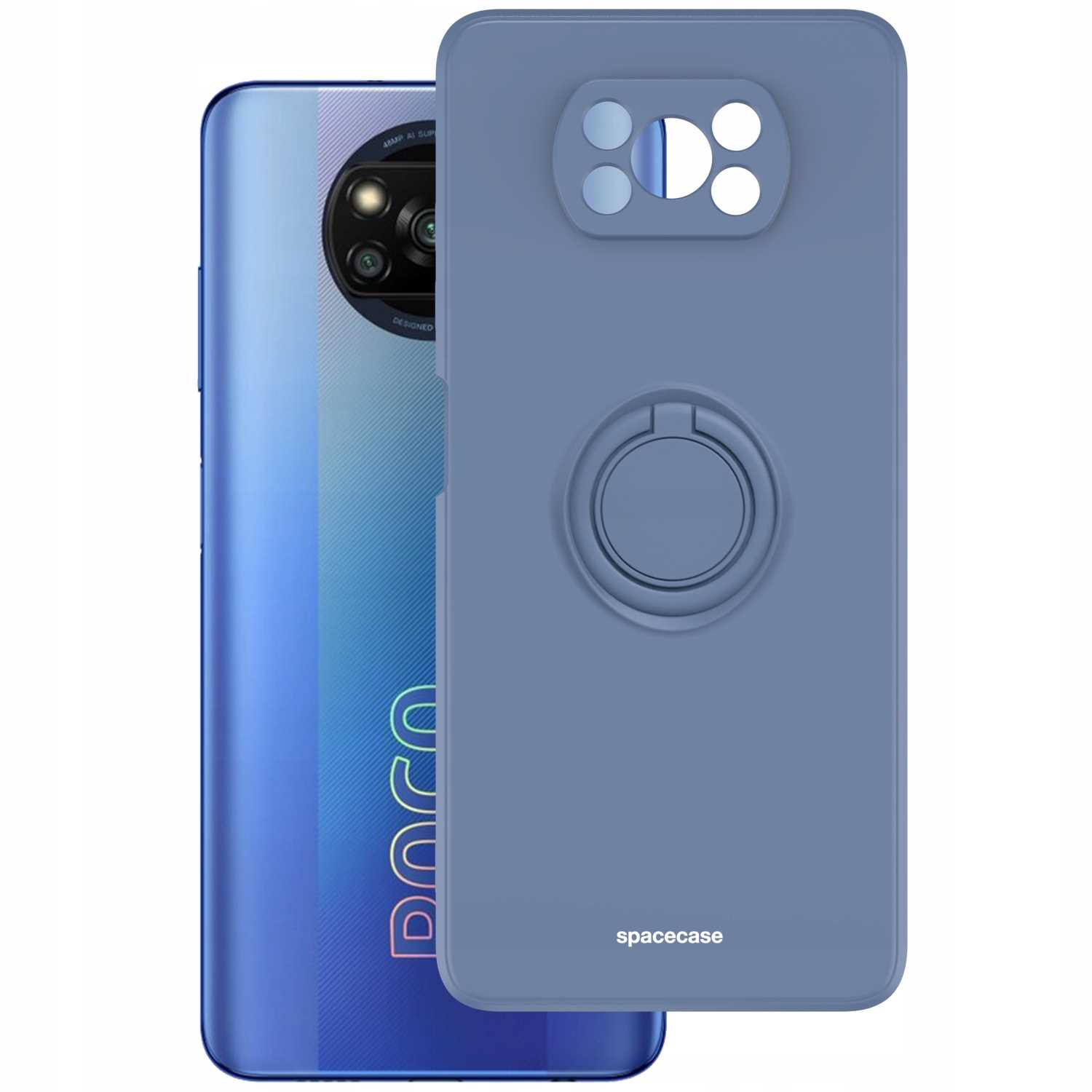 Niebieskie etui na telefon z telefonem i niebieskie etui na telefon z uchwytem na pierścień.