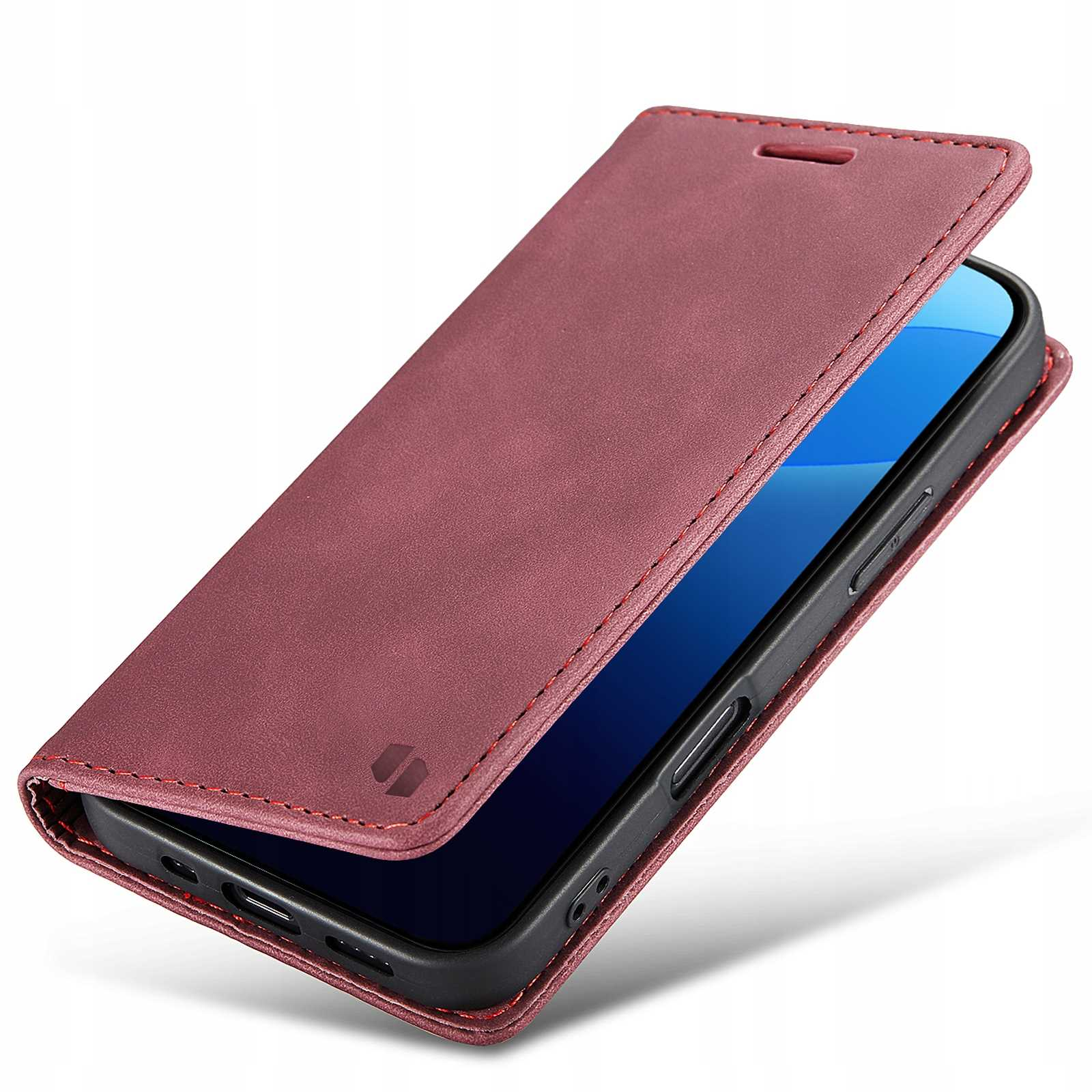 Bordowe etui na telefon jest otwarte, aby pokazać telefon. Etui jest skórzane.