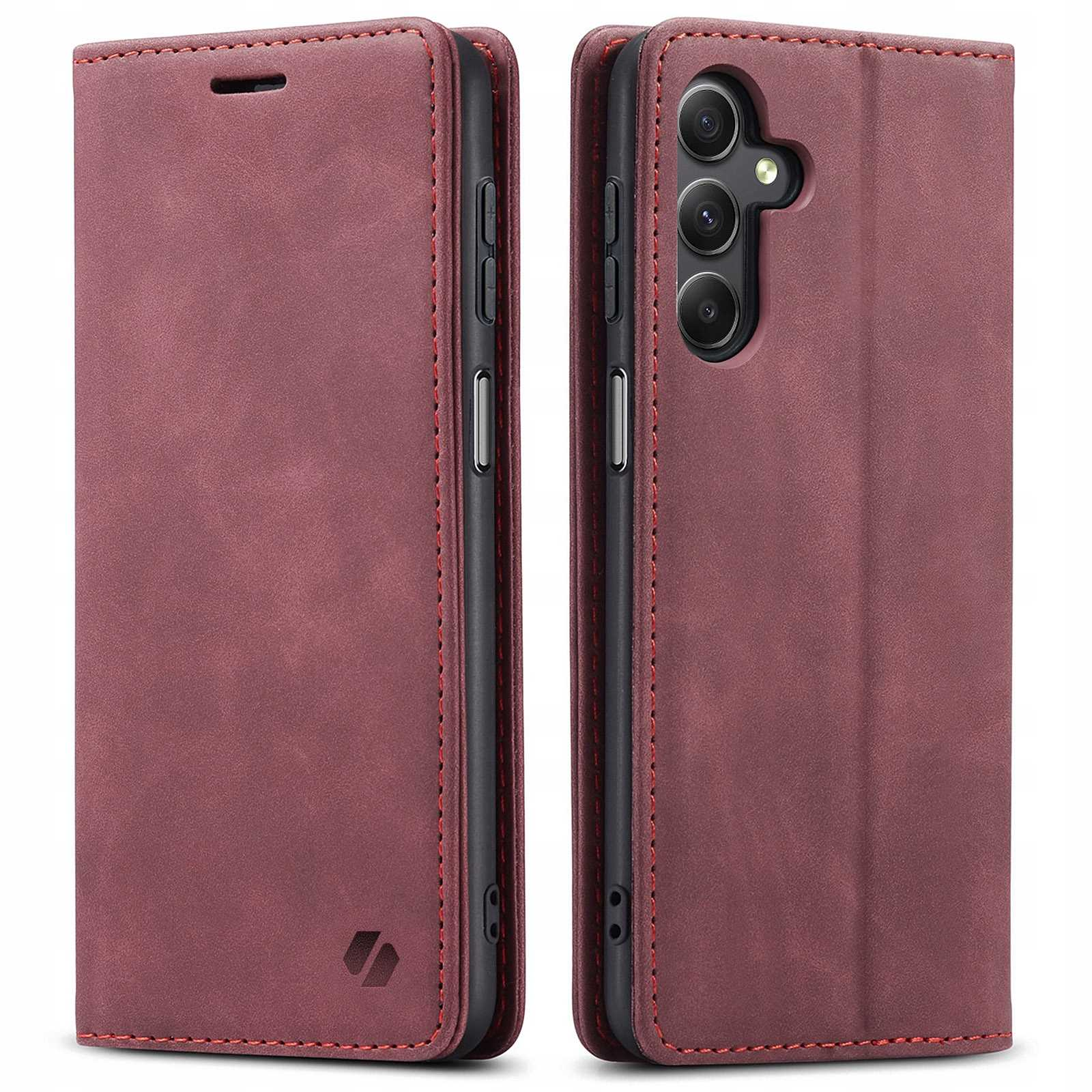 Burgundowe skórzane etui na telefon, dwa widoki. Widoczny aparat telefonu. Etui ma szwy i logo Spacecase.